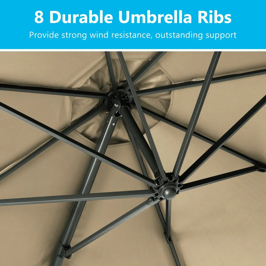 11 Ft Cantilever Patio Umbrella, Round Outdoor Offset Umbrella with 360° Rotation & Tilt Adjustment - Khaki