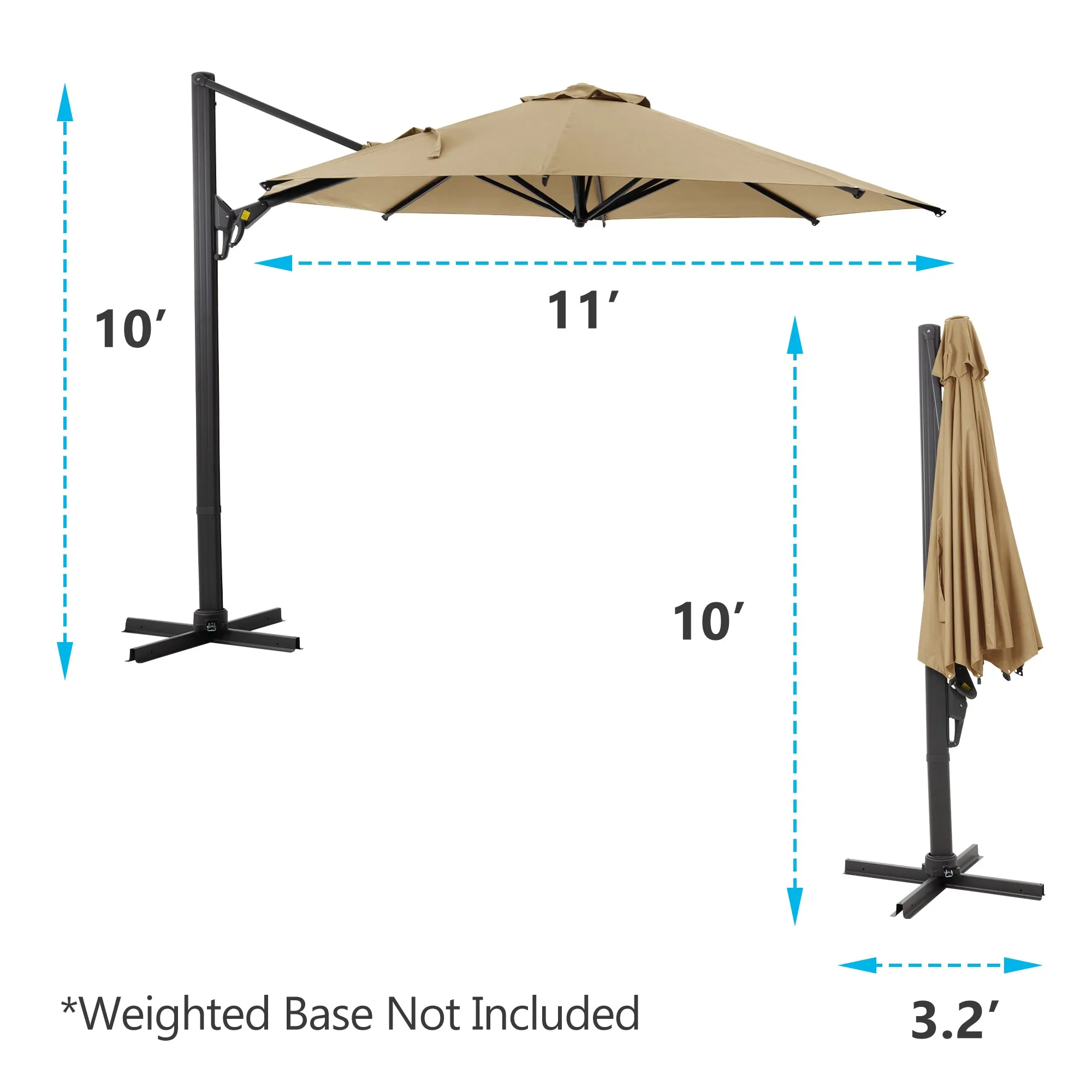 11 Ft Cantilever Patio Umbrella, Round Outdoor Offset Umbrella with 360° Rotation & Tilt Adjustment - Khaki