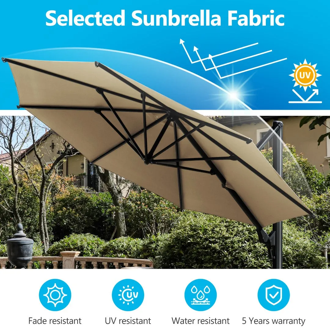 11 Ft Cantilever Patio Umbrella, Round Outdoor Offset Umbrella with 360° Rotation & Tilt Adjustment - Khaki