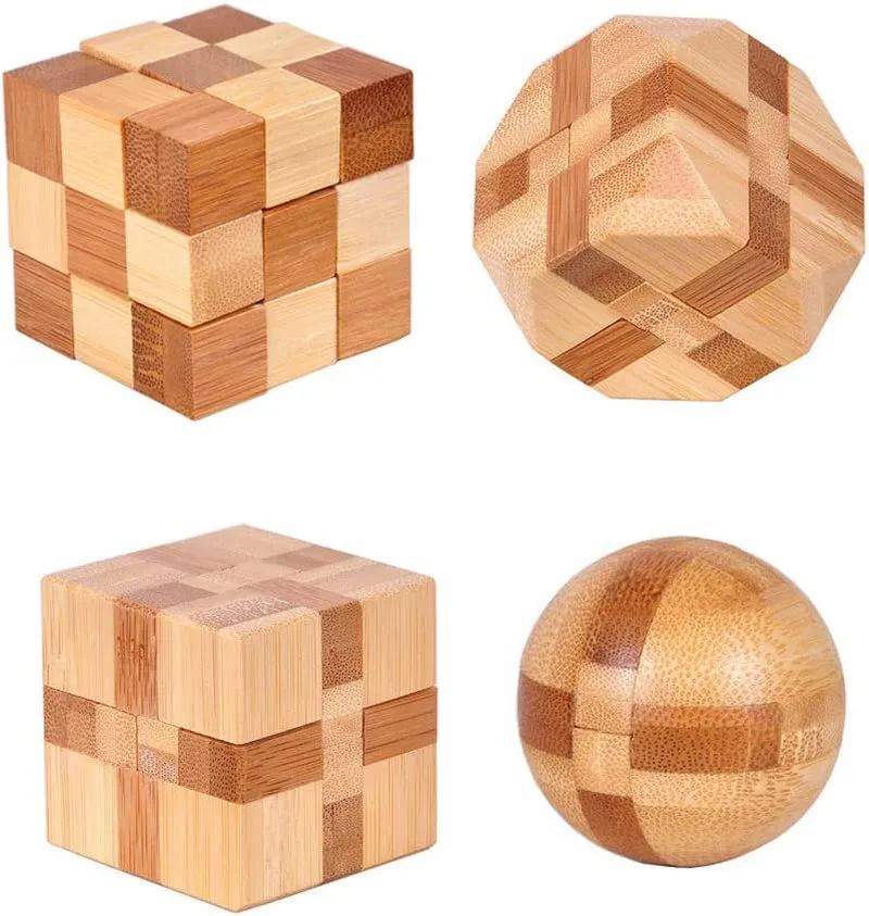 4 Pack Wooden Puzzle Games Brain Teasers Toy- 3D Puzzles for Teens and Adults - Wooden Logic Puzzle Wood Snake Cube Magic Cube Magic Ball Brain Teaser Intellectual Removing Assembling Toy