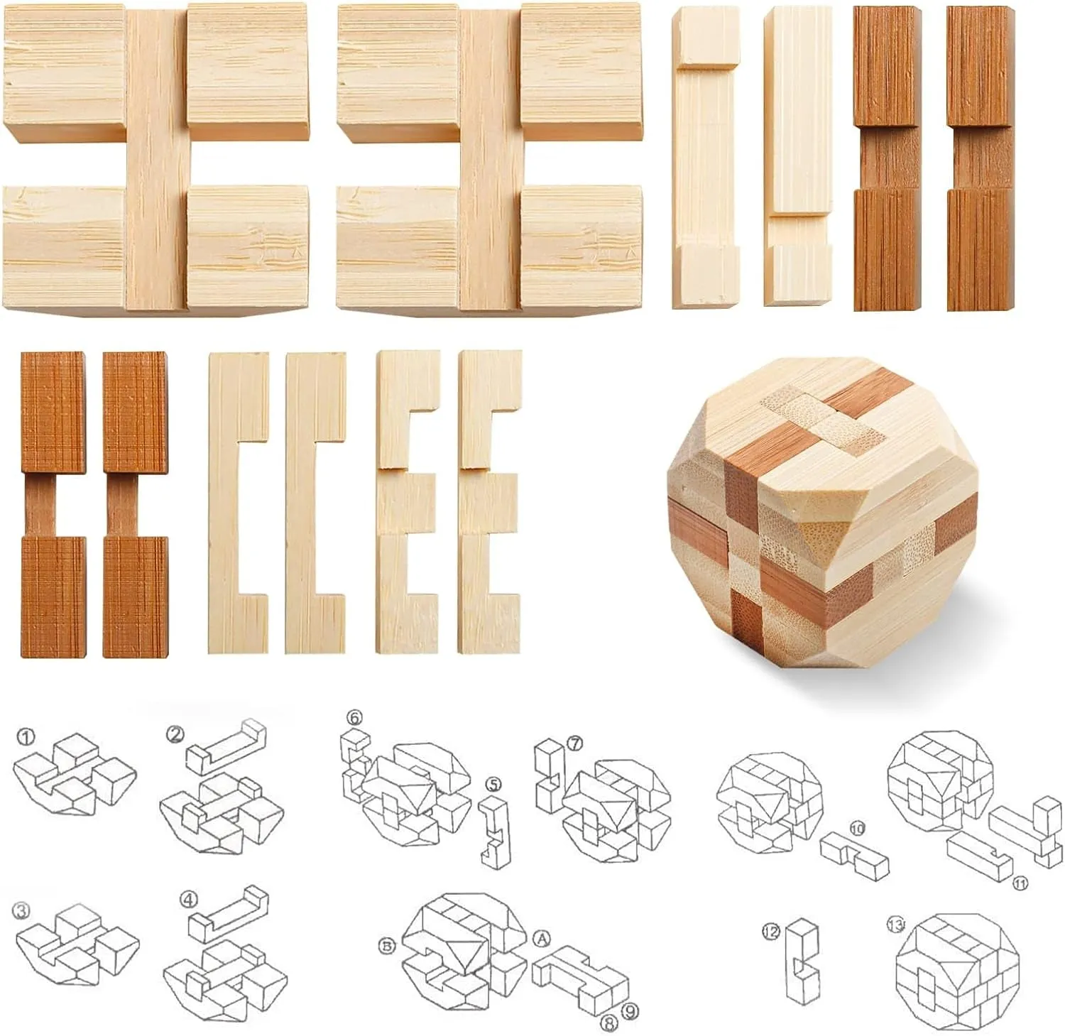 4 Pack Wooden Puzzle Games Brain Teasers Toy- 3D Puzzles for Teens and Adults - Wooden Logic Puzzle Wood Snake Cube Magic Cube Magic Ball Brain Teaser Intellectual Removing Assembling Toy