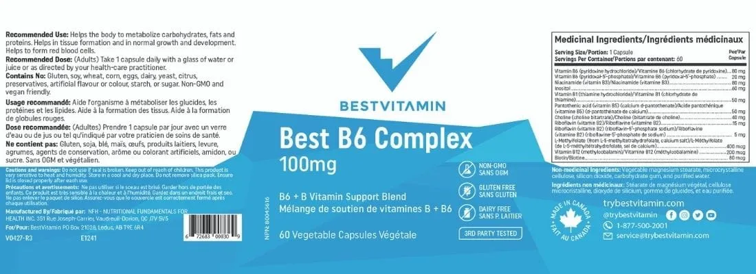 BestVitamin Best B6 Complex, 100mg B6 Plus B-Complex, Non-GMO, 60 Vegetable Capsules