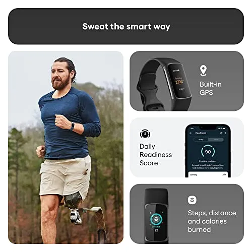 Fitbit Charge 5 Advanced Health & Fitness Tracker with Built-in GPS, Stress Management Tools, Sleep Tracking, 24/7 Heart Rate and More, Black/Graphite, One Size (S &L Bands Included)