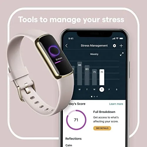 Fitbit Luxe Fitness and Wellness Tracker with Stress Management, Sleep Tracking and 24/7 Heart Rate, One Size S L Bands Included, Lunar White/Soft Gold Stainless Steel, 1 Count