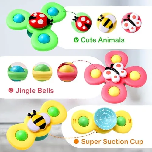 FUNVERSE® Baby Bath Toys for Kids - 3 PCS Insect Suction Cup Bath Toy for Baby Boys Girls, Waterproof Suction Cup Spinning Top Rotating Learning Toy Sticks to Smooth Surface (Insect Design)