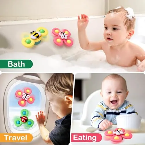 FUNVERSE® Baby Bath Toys for Kids - 3 PCS Insect Suction Cup Bath Toy for Baby Boys Girls, Waterproof Suction Cup Spinning Top Rotating Learning Toy Sticks to Smooth Surface (Insect Design)