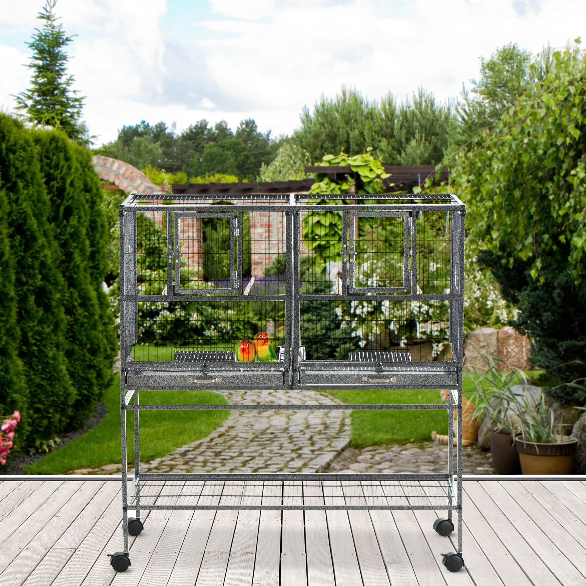 Grille 102cm Parrot Cage Wheeled Grey & Black by Pawhut