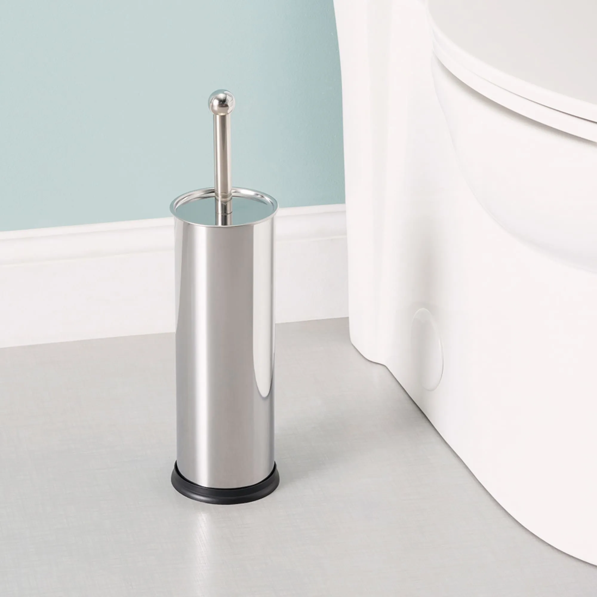 Hide-Away and Splash Proof Polished Stainless Steel Toilet Brush with Non-Skid Hygienic Holder, Silver