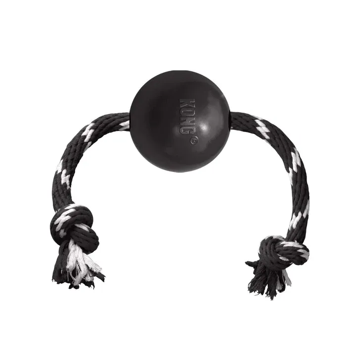 KONG EXTREME BALL WITH ROPE DOG TOY ROPE WITH EXTREME BALL BLACK, WHITE