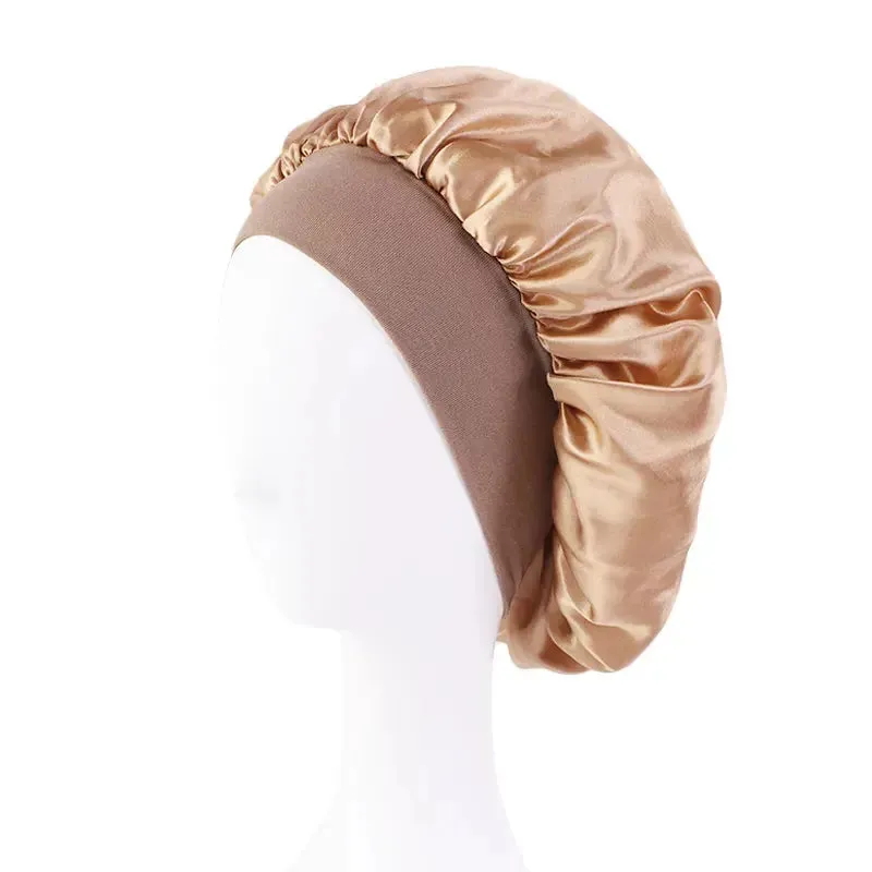 New Women's Satin Solid Wide-brimmed Sleeping Hat Unisex Head Wrap Elastic Band Cap Hair Care Bonnet Night Hat bonnet de nuit