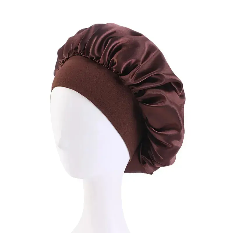 New Women's Satin Solid Wide-brimmed Sleeping Hat Unisex Head Wrap Elastic Band Cap Hair Care Bonnet Night Hat bonnet de nuit