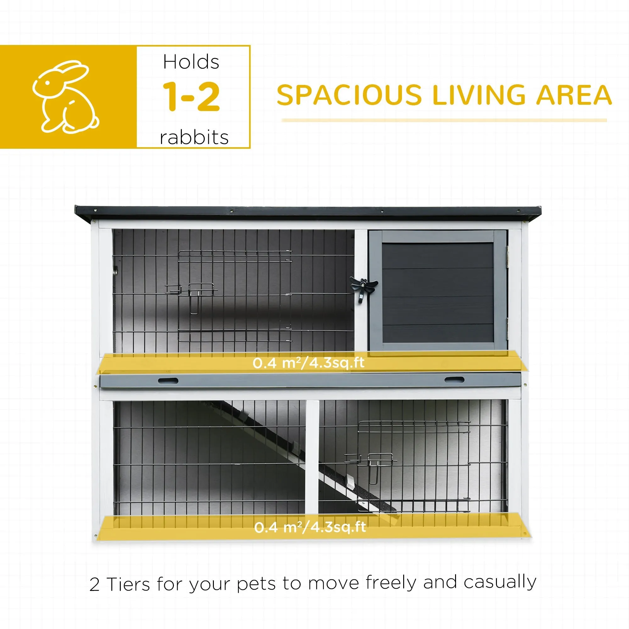 PawHut 2-Tier Wooden Rabbit Hutch Guinea Pig House Bunny Cage Backyard w/ Ramp Outdoor Run Built-in Tray Openable Roof Small Animal House Grey