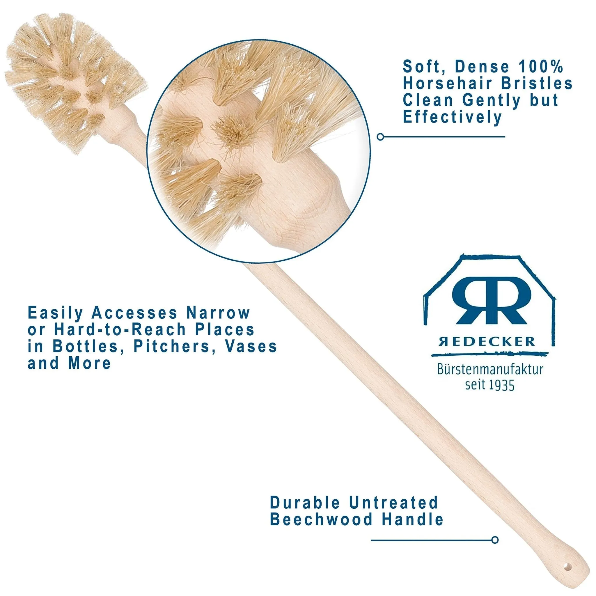 REDECKER: Bottle Brush Cleaner – Horsehair Bristles & Beechwood Handle for Bottles & Vases