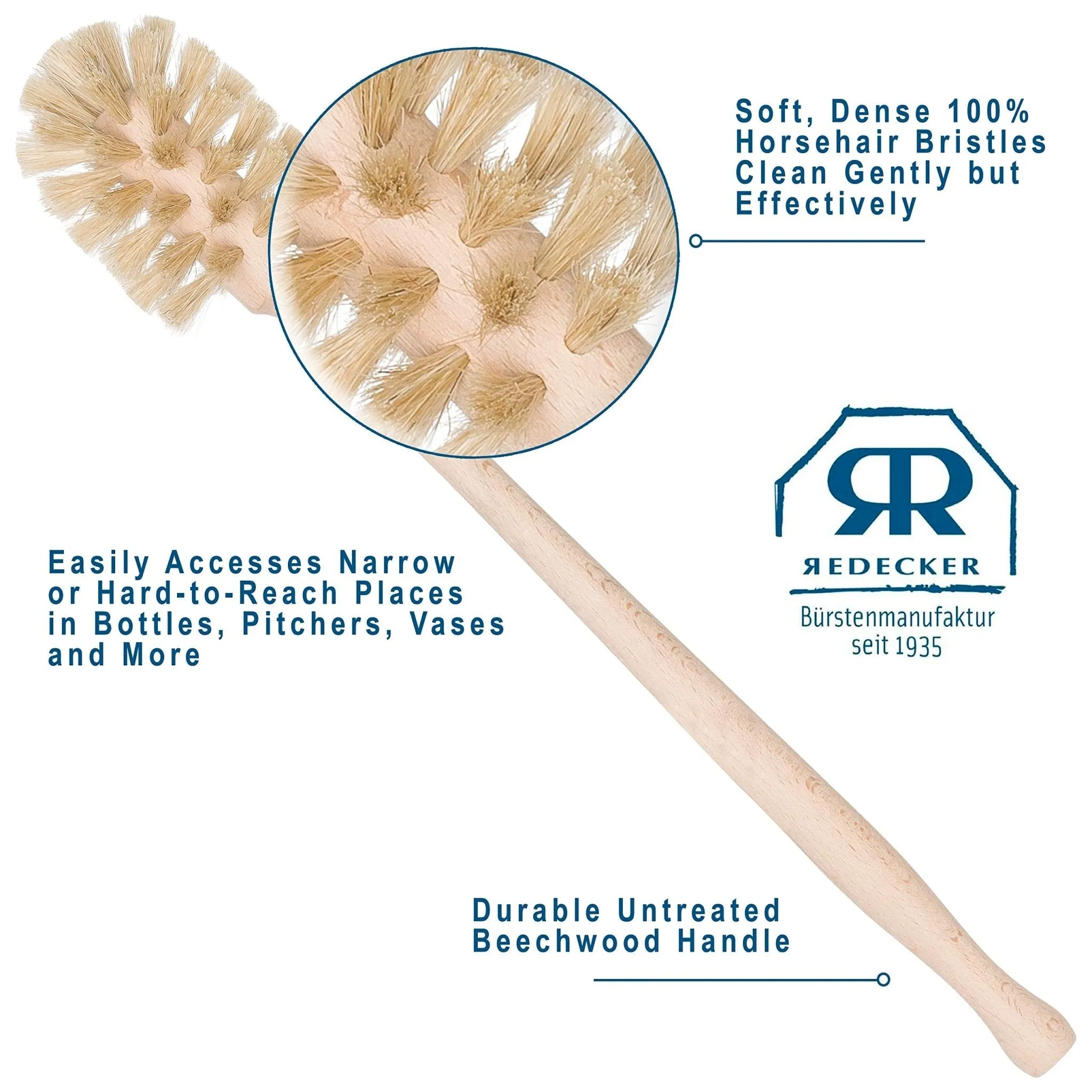 REDECKER: Bottle Brush Cleaner – Horsehair Bristles & Beechwood Handle for Bottles & Vases