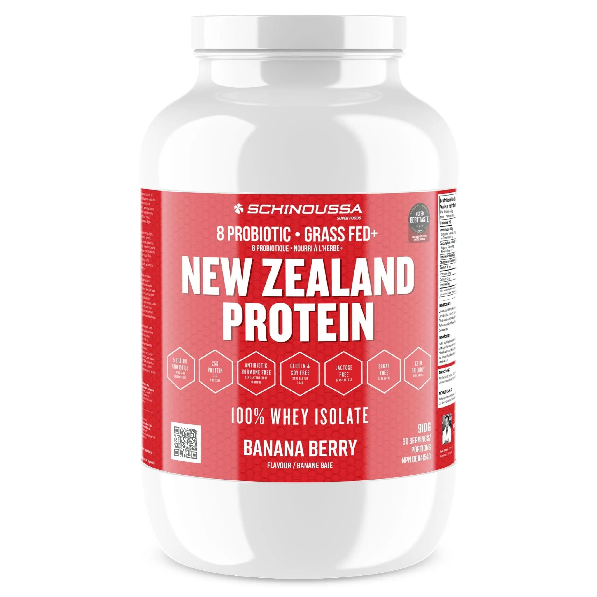 Schinoussa Probiotic Grass Fed New Zealand Protein 100% Whey Isolate Protein, 30 Servings