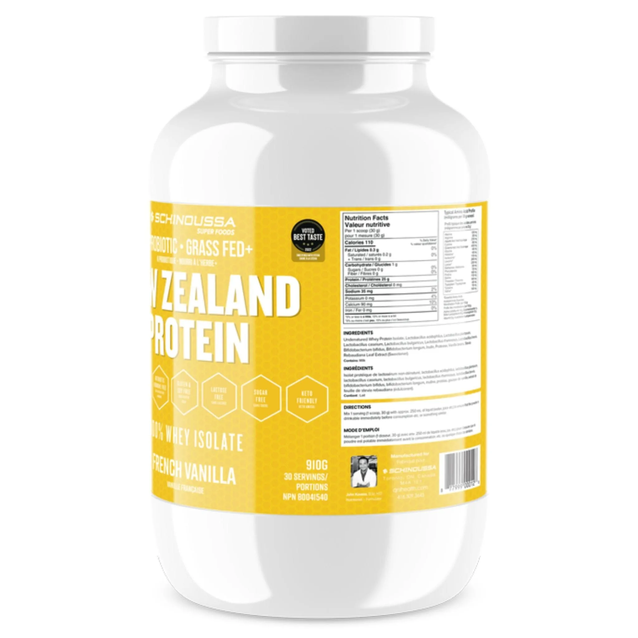 Schinoussa Probiotic Grass Fed New Zealand Protein 100% Whey Isolate Protein, 30 Servings