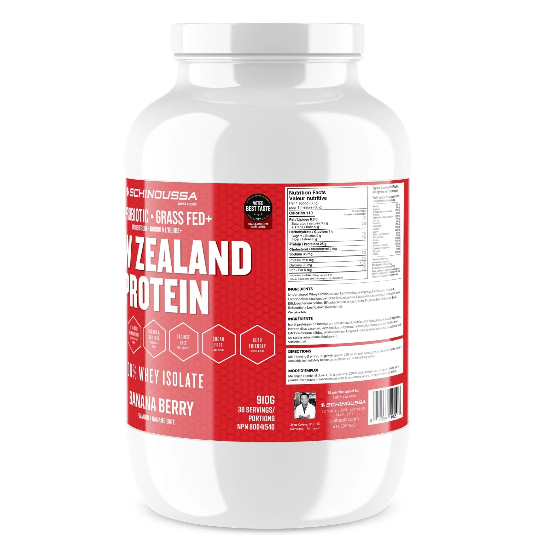 Schinoussa Probiotic Grass Fed New Zealand Protein 100% Whey Isolate Protein, 30 Servings