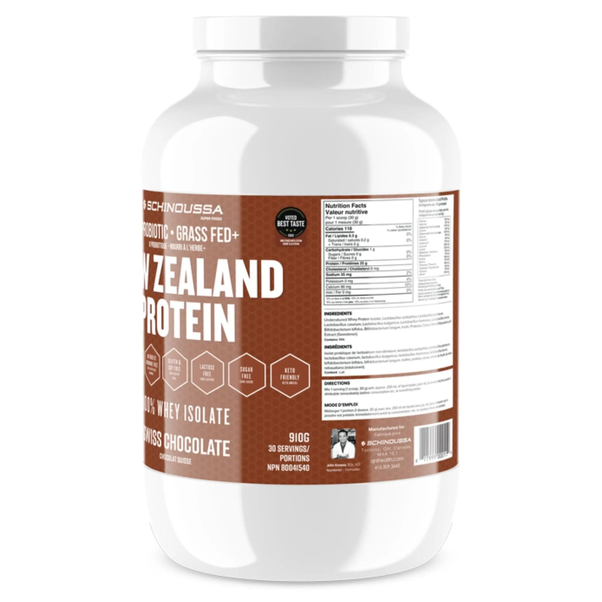 Schinoussa Probiotic Grass Fed New Zealand Protein 100% Whey Isolate Protein, 30 Servings