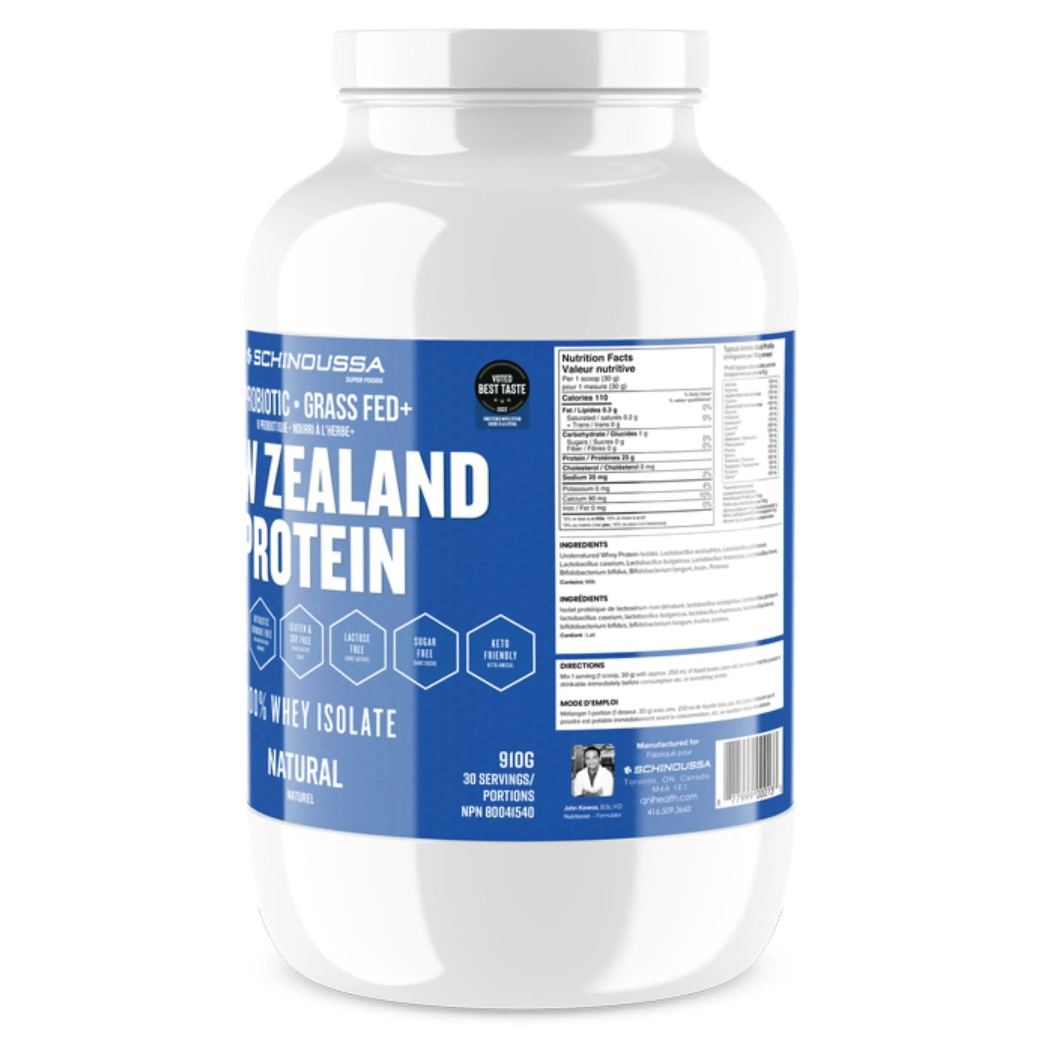 Schinoussa Probiotic Grass Fed New Zealand Protein 100% Whey Isolate Protein, 30 Servings