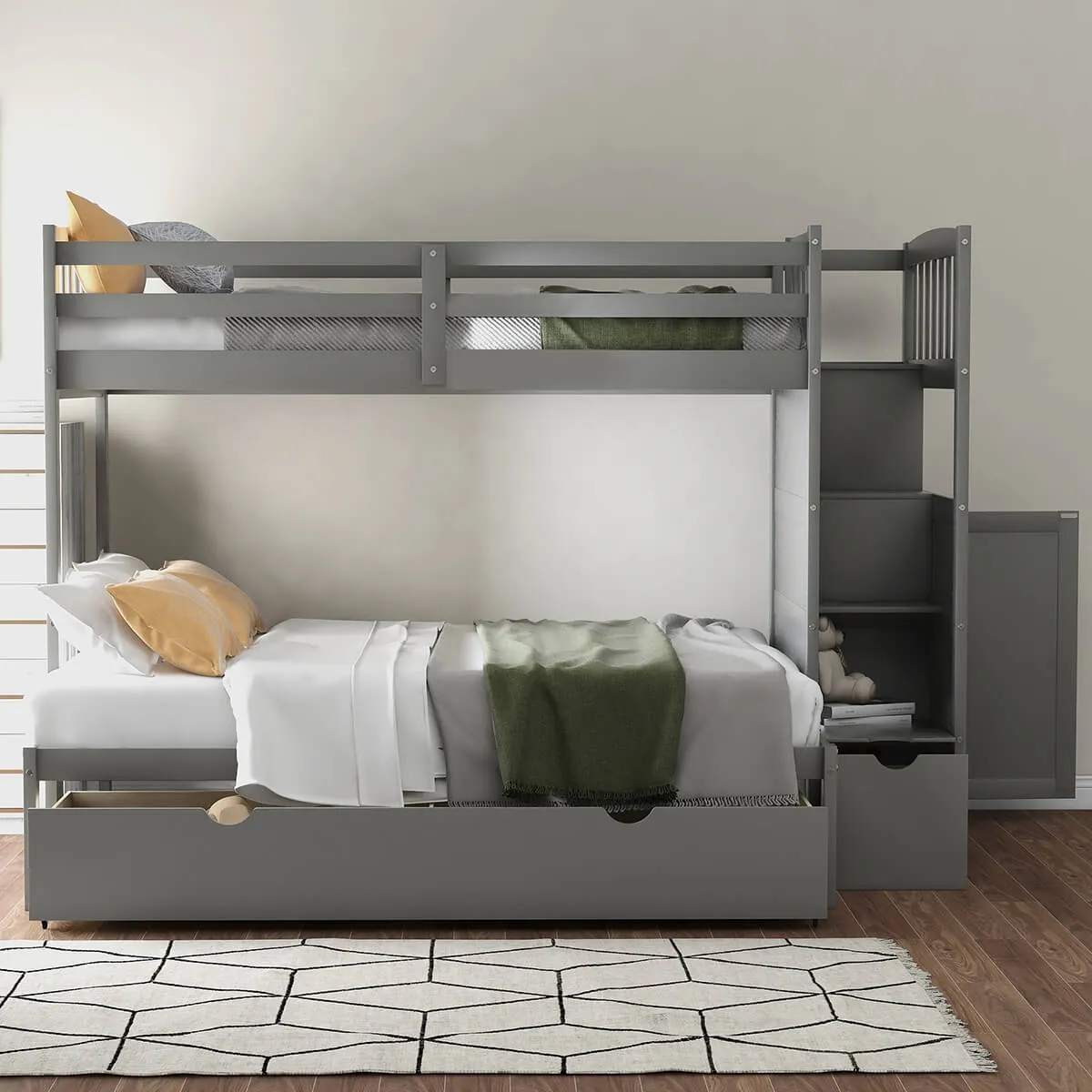 Twin Over Full/Twin Bunk Bed for Kids with Convertible Bottom Bed Gray