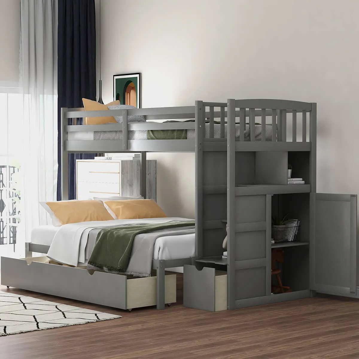 Twin Over Full/Twin Bunk Bed for Kids with Convertible Bottom Bed Gray