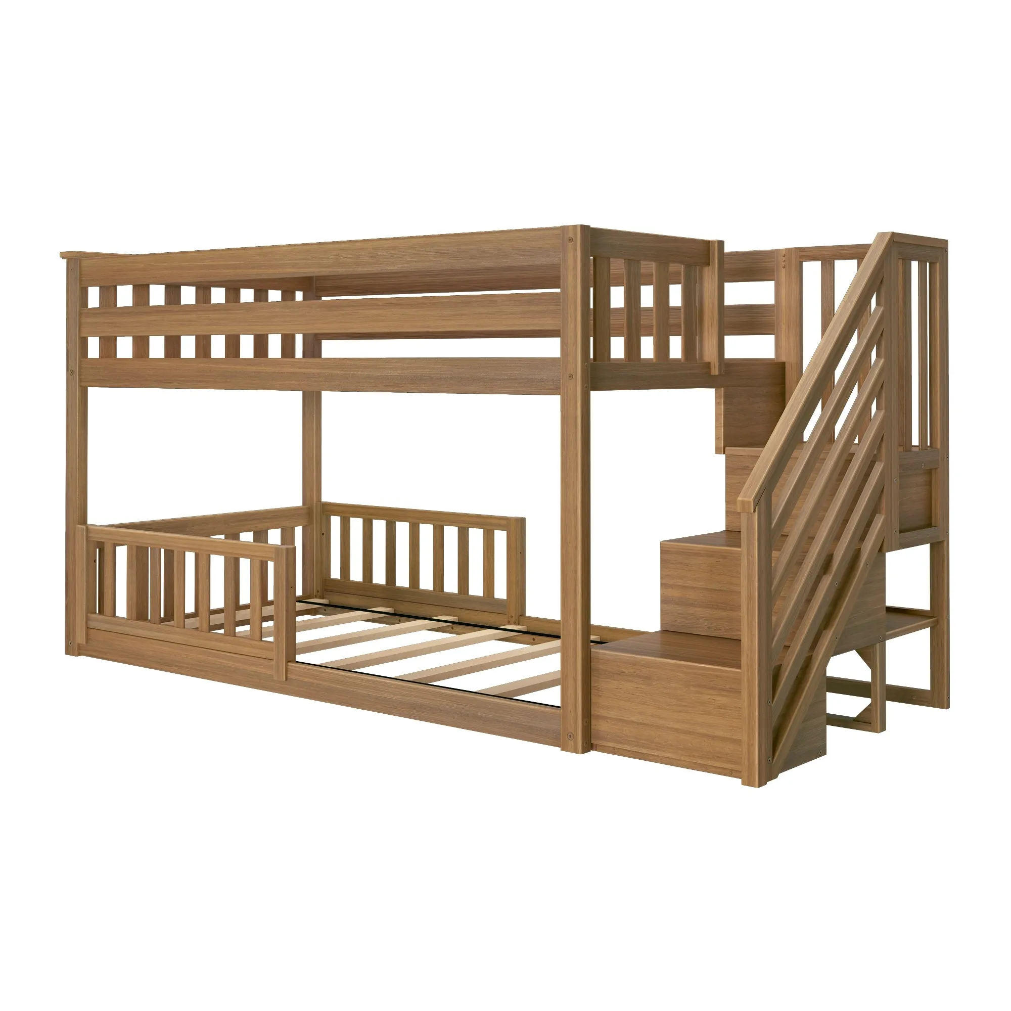 Twin Over Twin Low Bunk Bed With Stairs & Guardrails