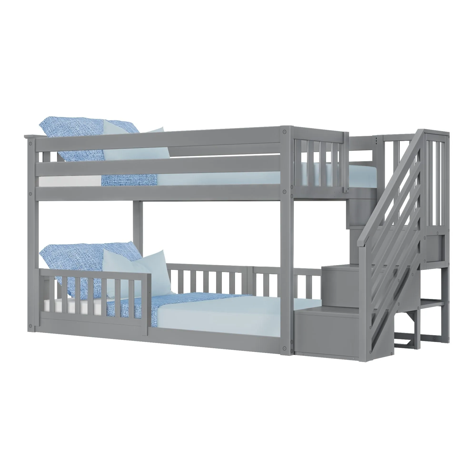 Twin Over Twin Low Bunk Bed With Stairs & Guardrails