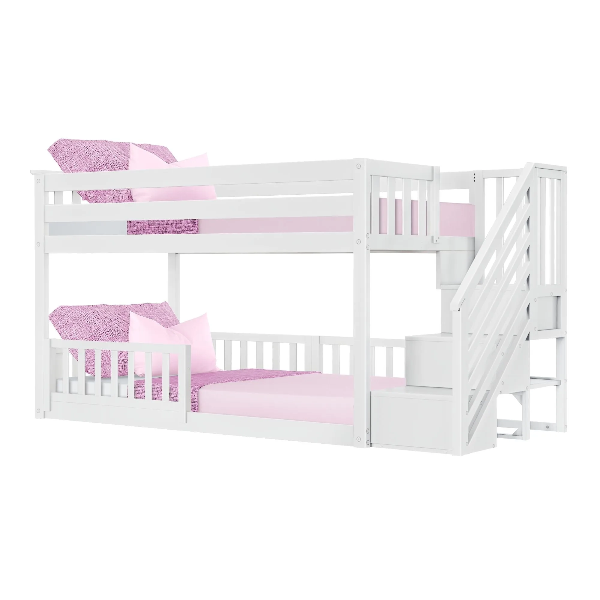 Twin Over Twin Low Bunk Bed With Stairs & Guardrails