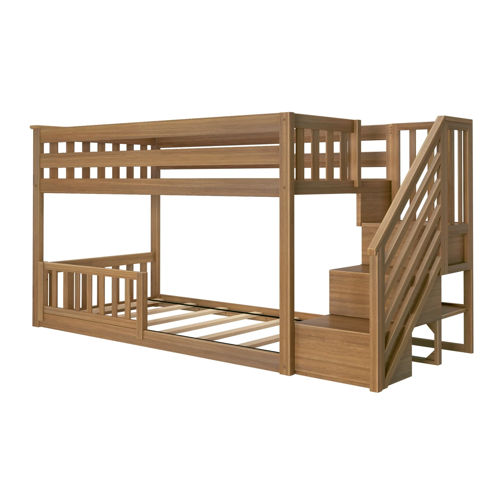 Twin Over Twin Low Bunk Bed With Stairs & Guardrails