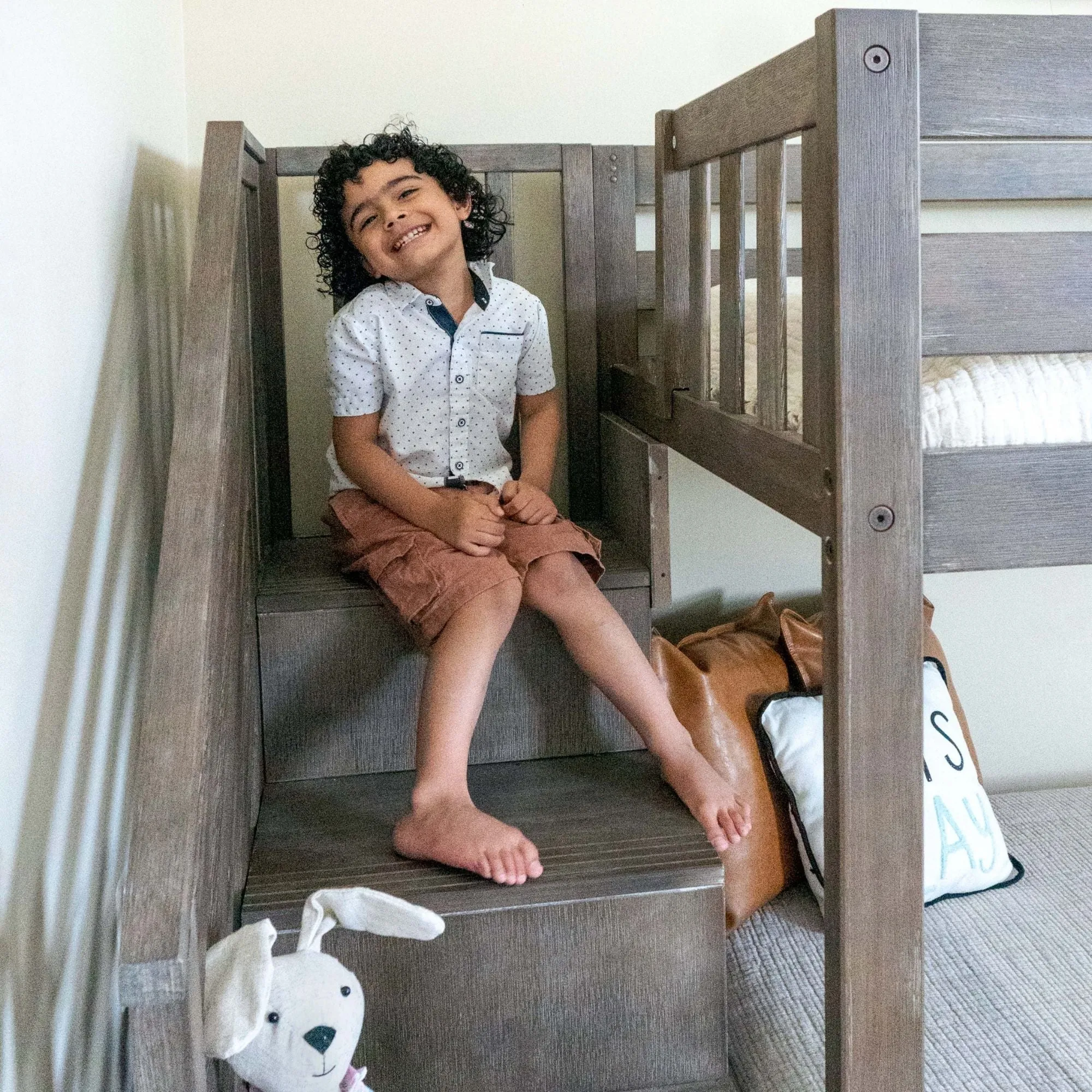 Twin Over Twin Low Bunk Bed With Stairs & Guardrails