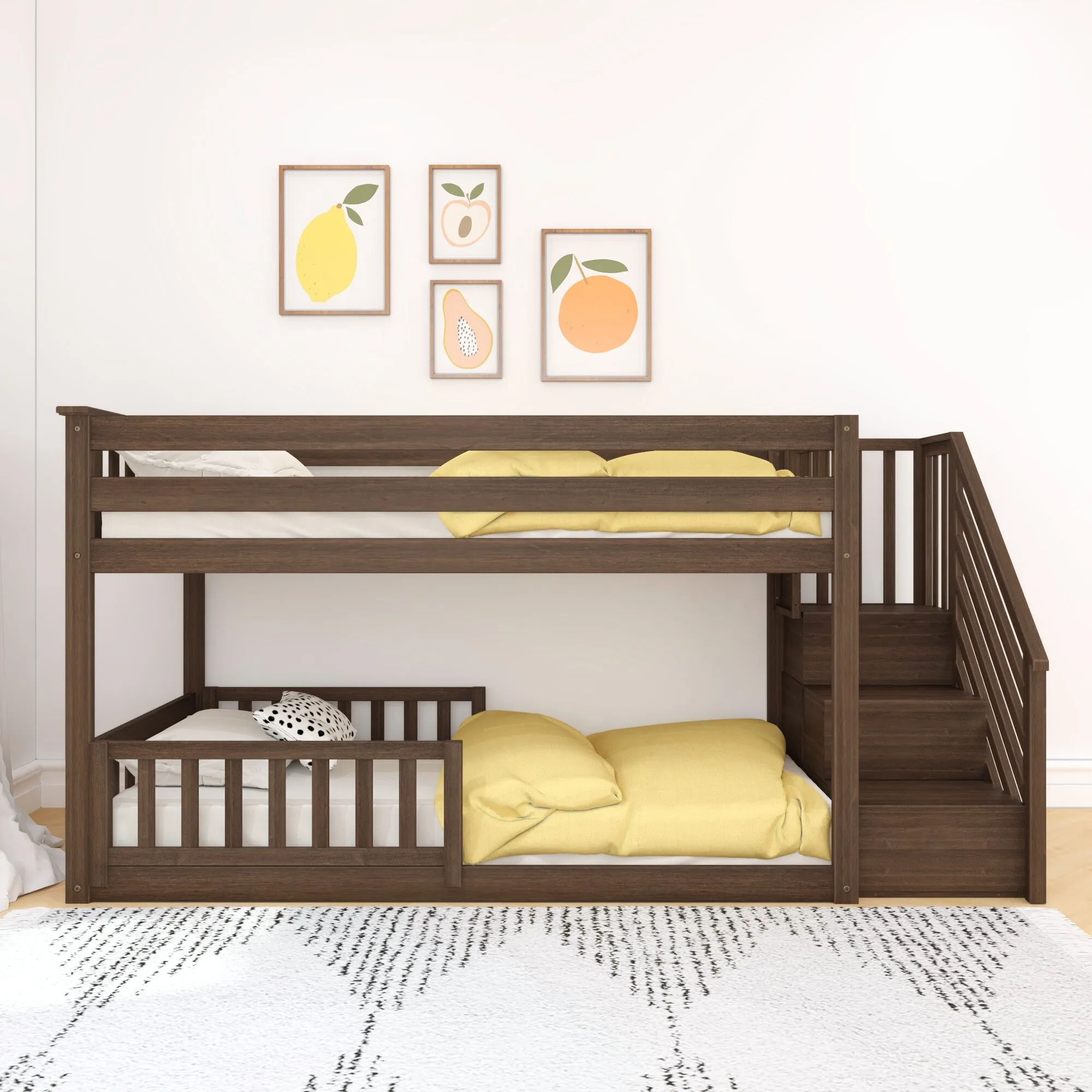 Twin Over Twin Low Bunk Bed With Stairs & Guardrails