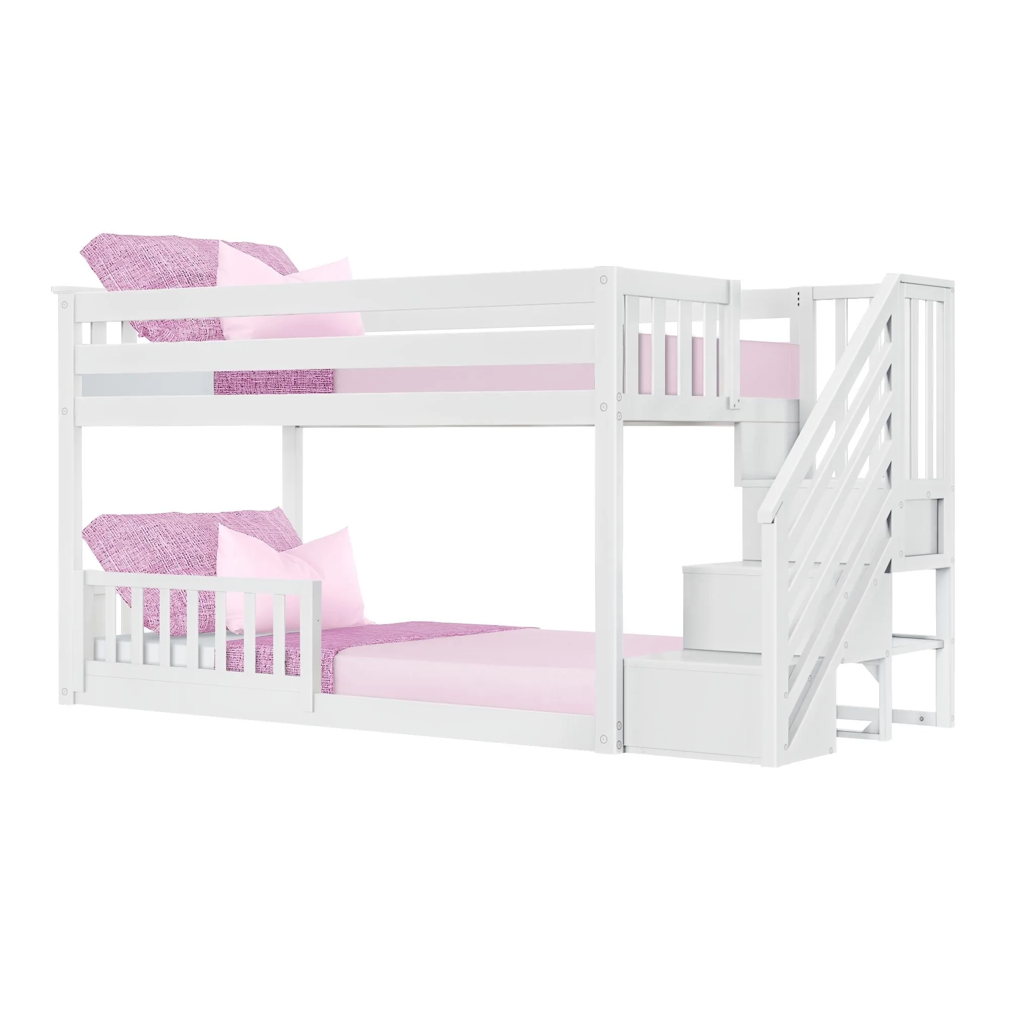 Twin Over Twin Low Bunk Bed With Stairs & Guardrails