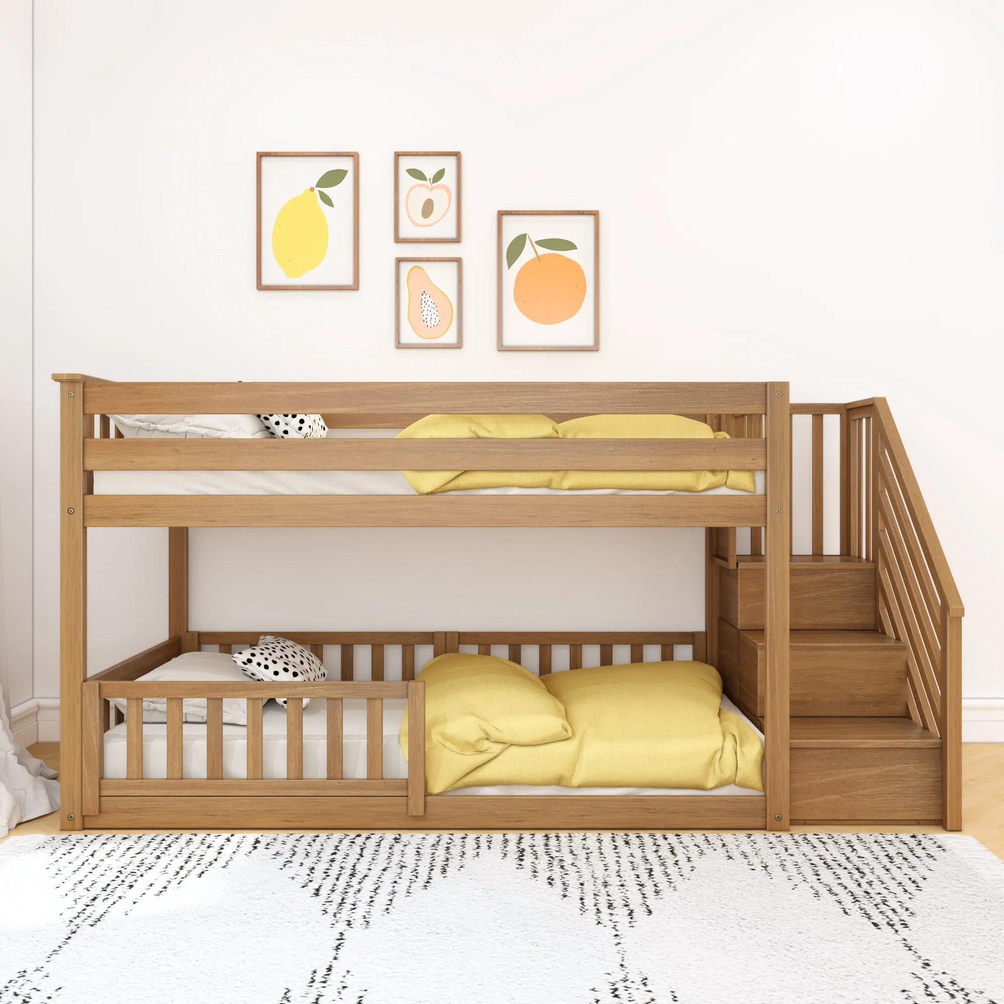 Twin Over Twin Low Bunk Bed With Stairs & Guardrails