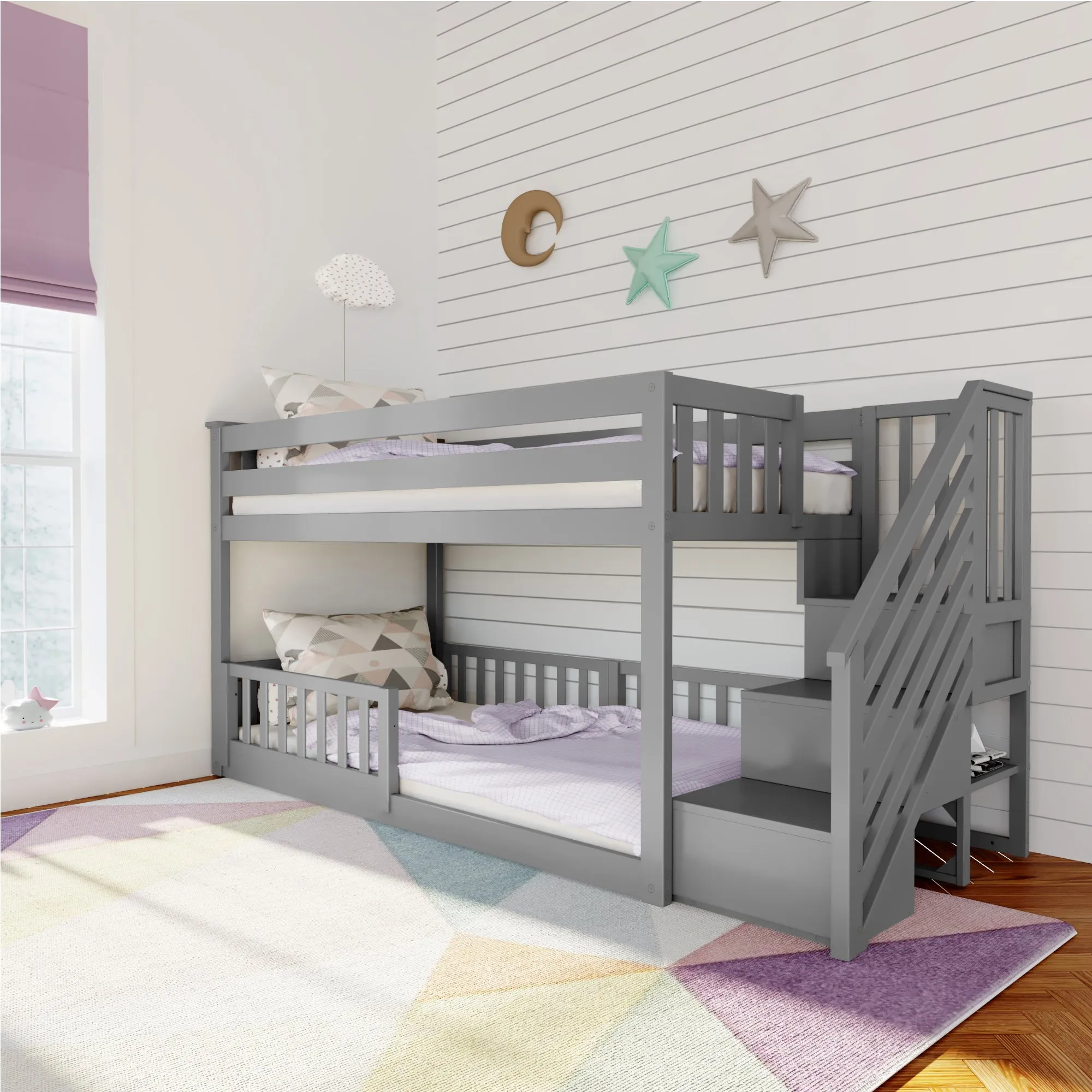 Twin Over Twin Low Bunk Bed With Stairs & Guardrails