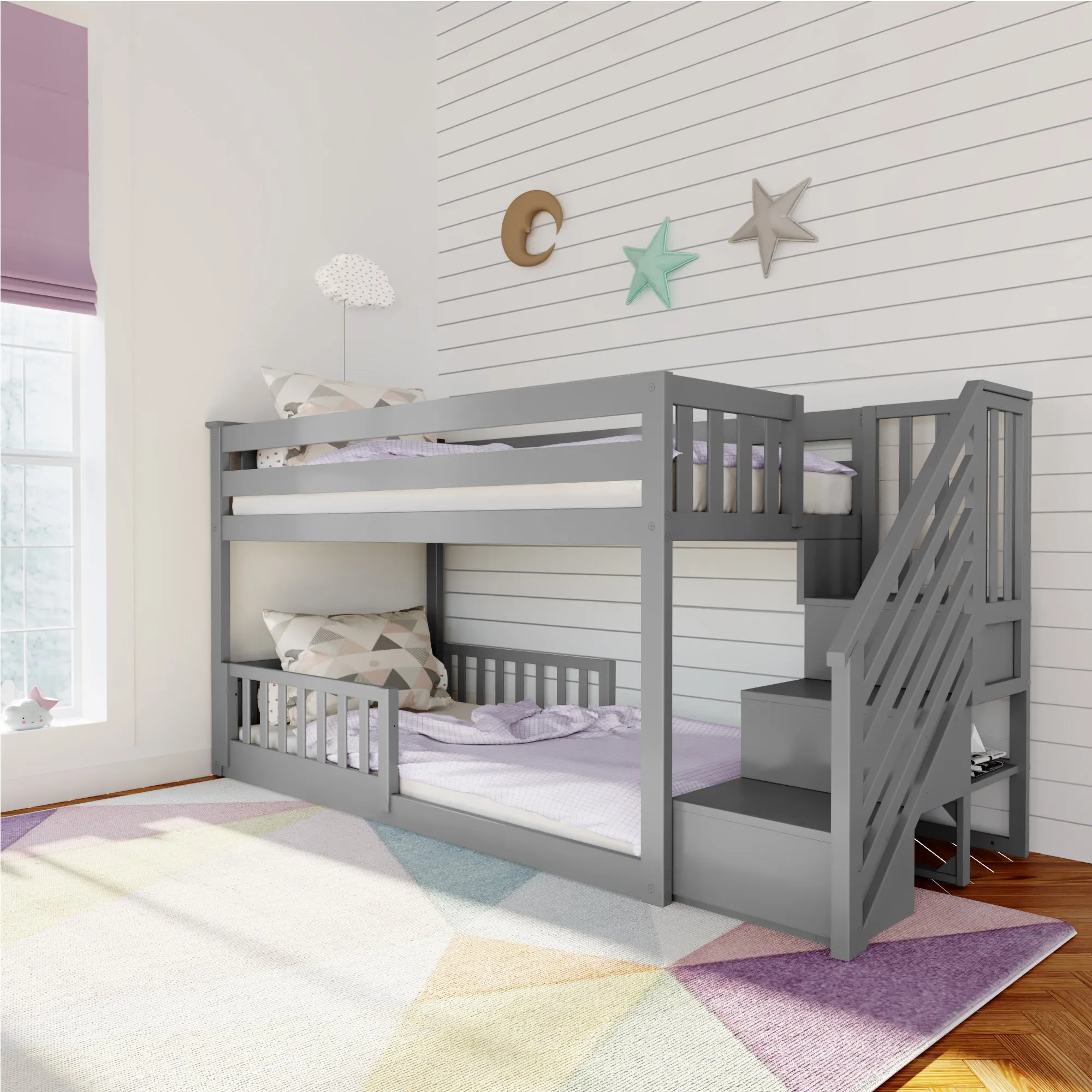 Twin Over Twin Low Bunk Bed With Stairs & Guardrails