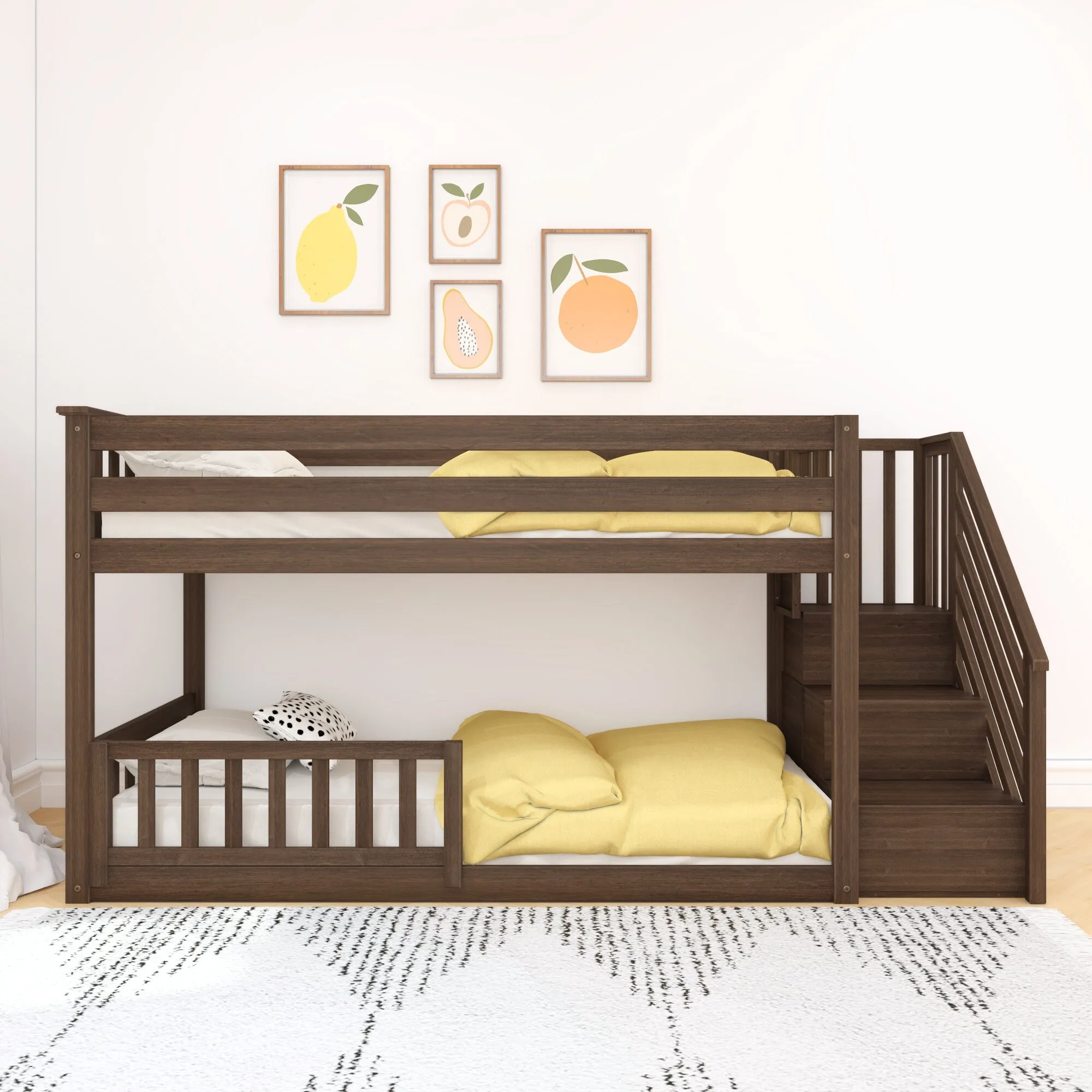 Twin Over Twin Low Bunk Bed With Stairs & Guardrails