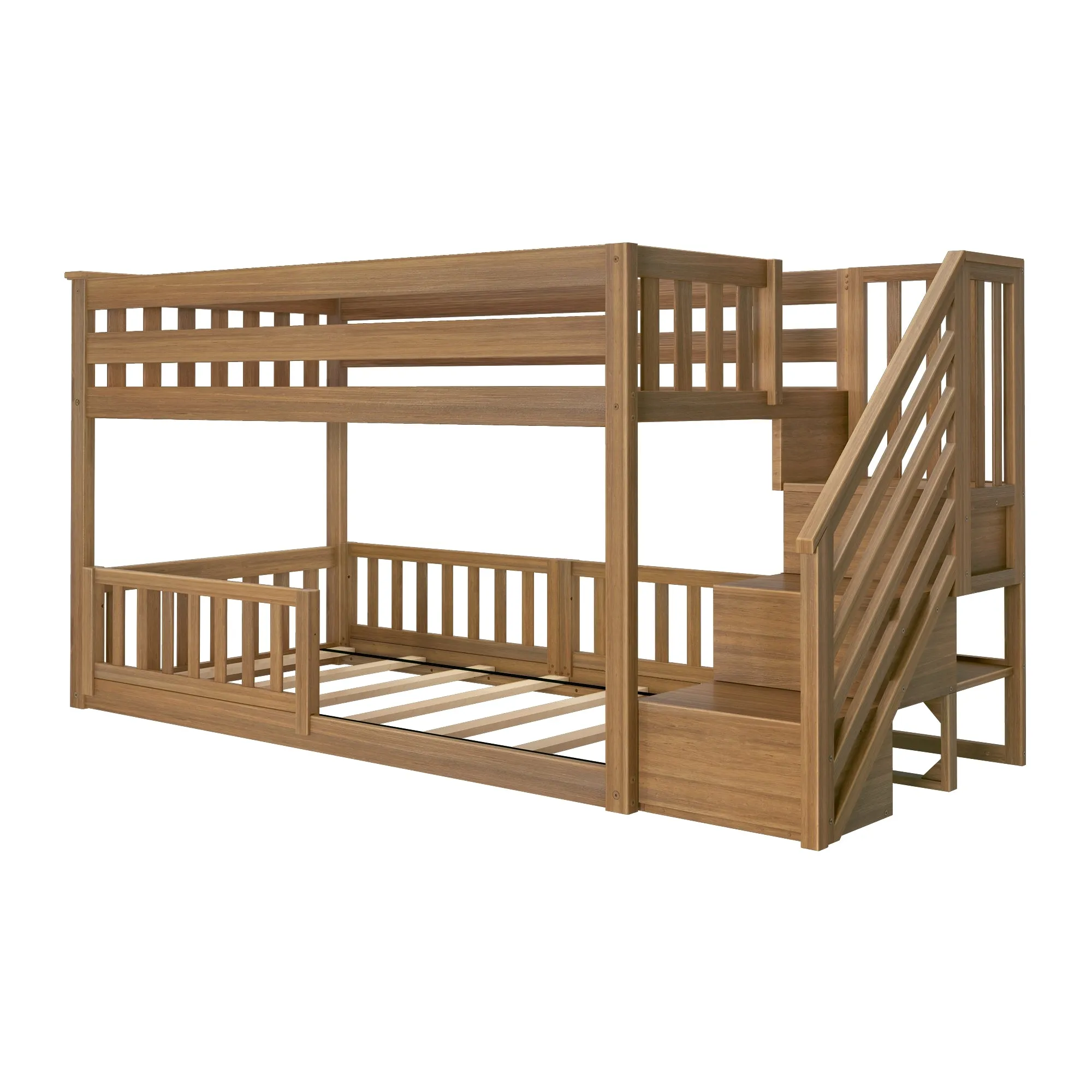 Twin Over Twin Low Bunk Bed With Stairs & Guardrails