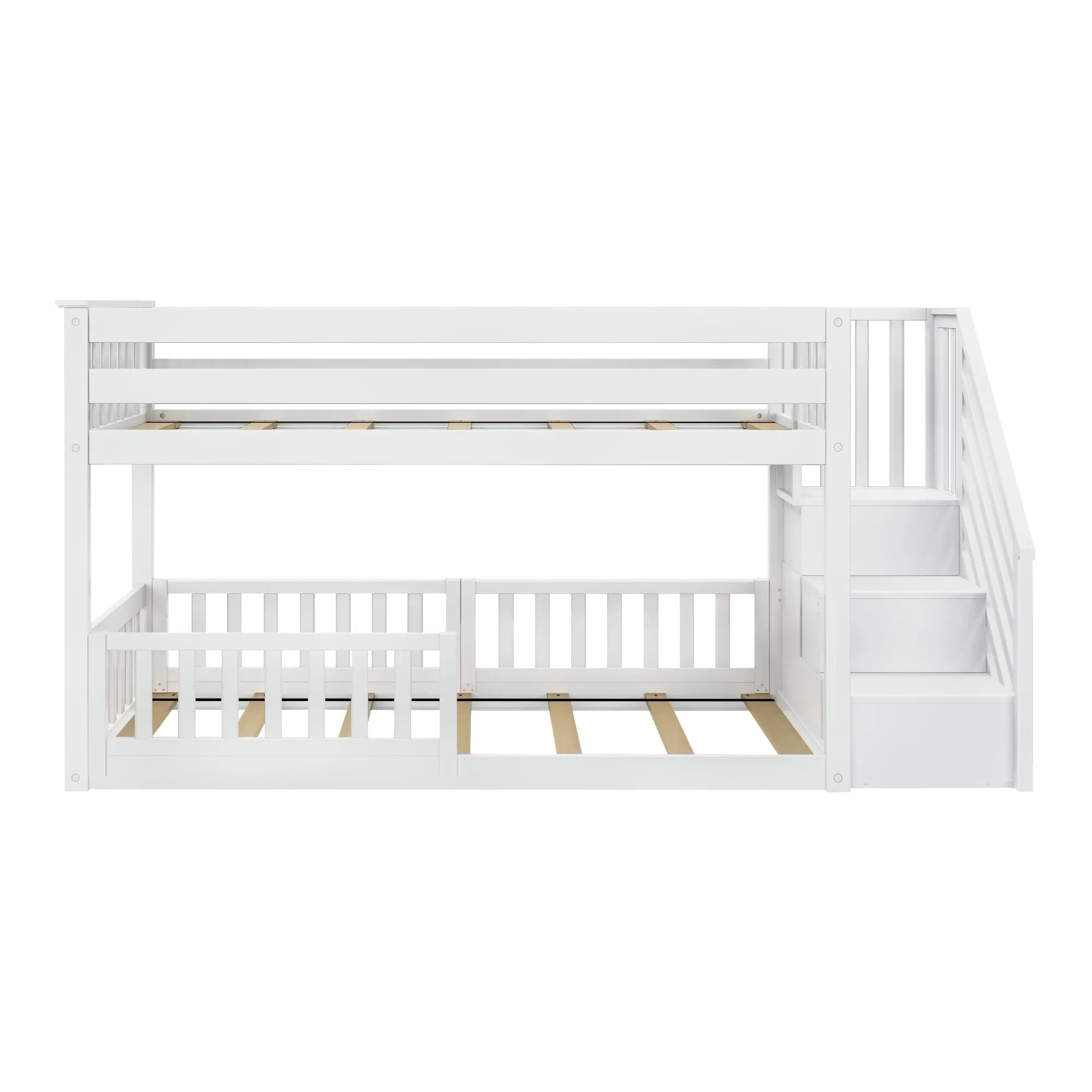 Twin Over Twin Low Bunk Bed With Stairs & Guardrails