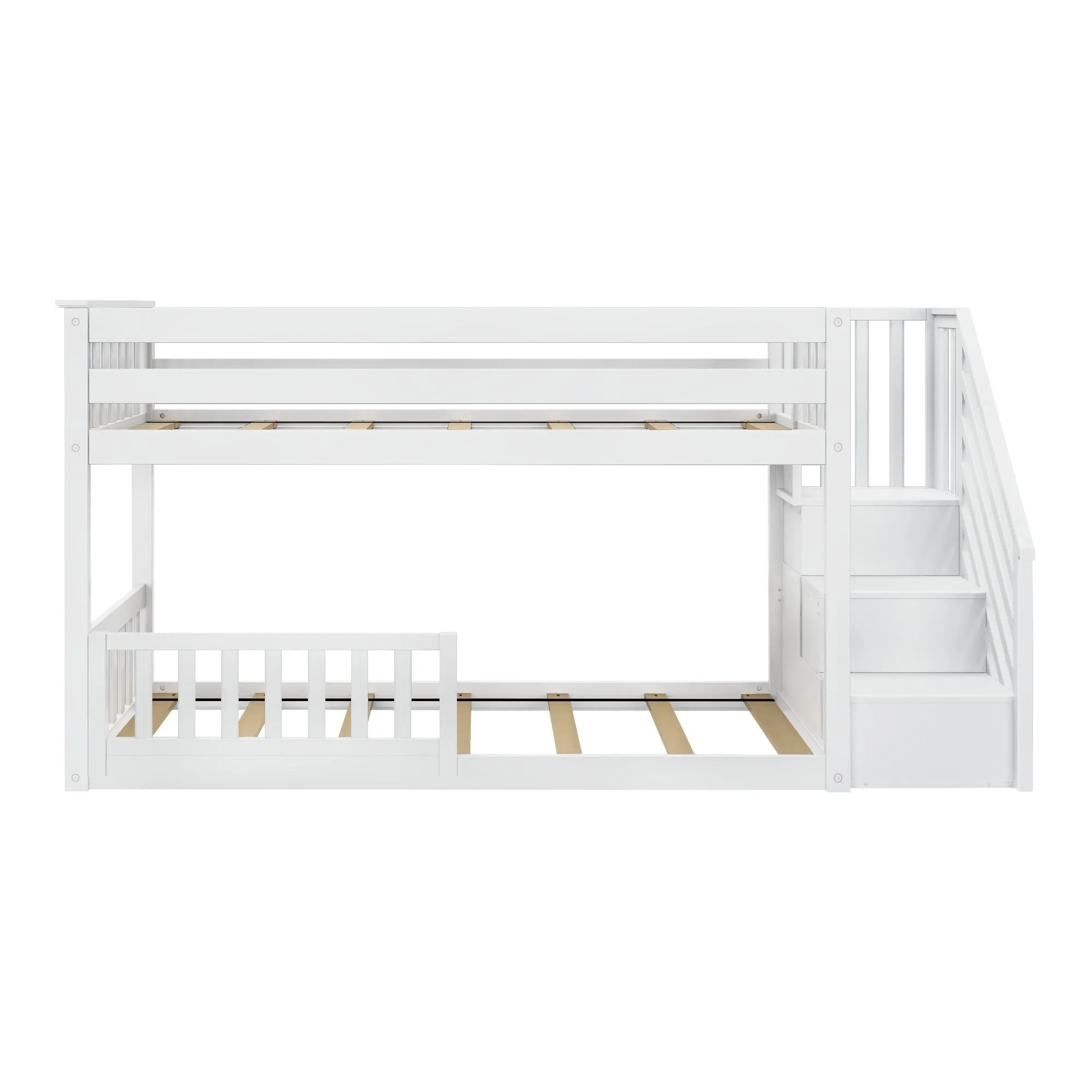 Twin Over Twin Low Bunk Bed With Stairs & Guardrails