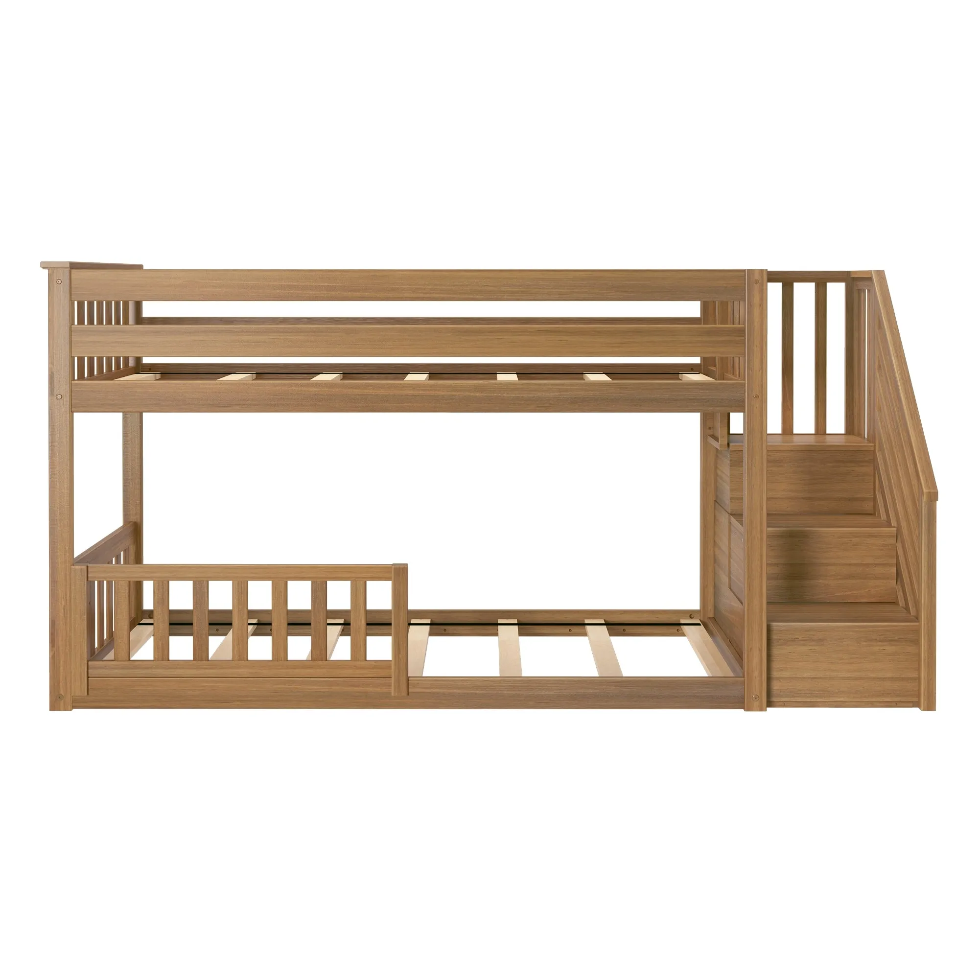 Twin Over Twin Low Bunk Bed With Stairs & Guardrails