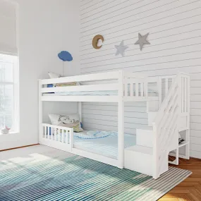 Twin Over Twin Low Bunk Bed With Stairs & Guardrails