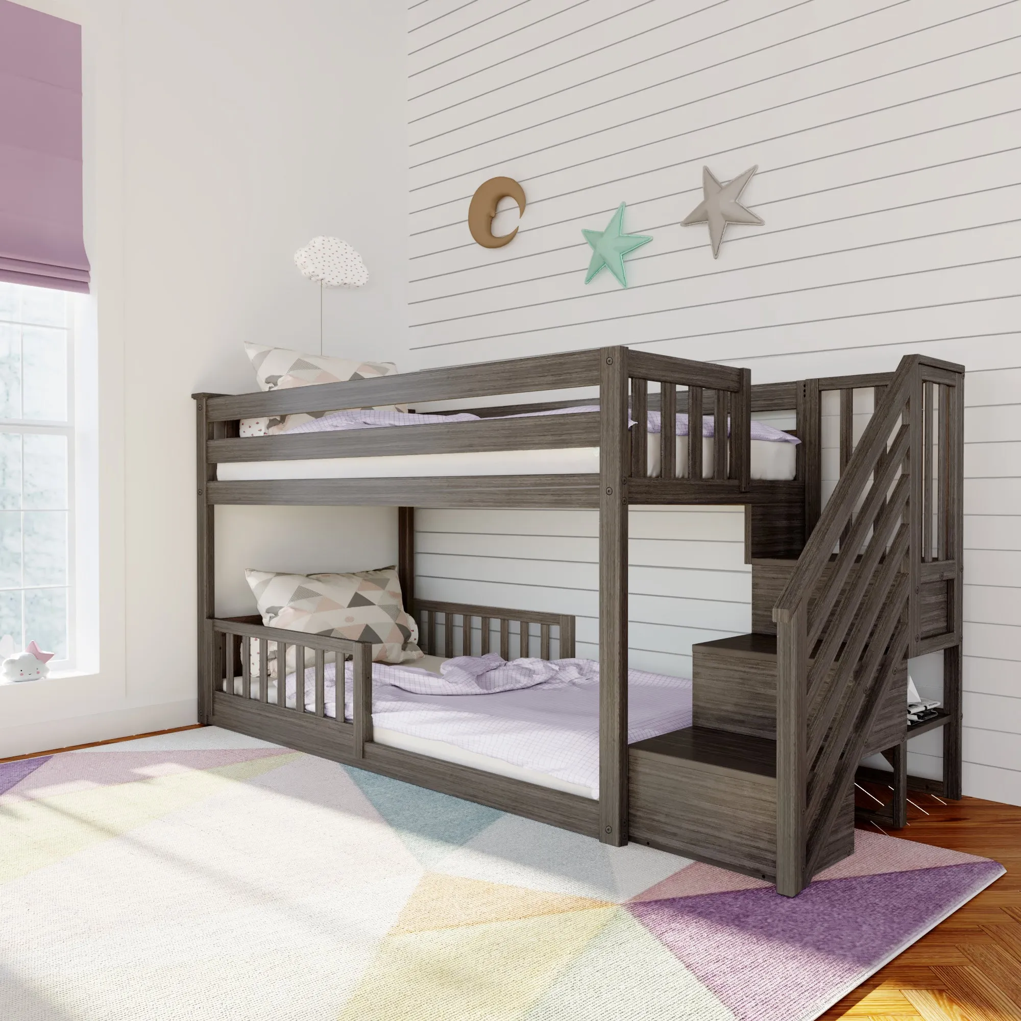 Twin Over Twin Low Bunk Bed With Stairs & Guardrails