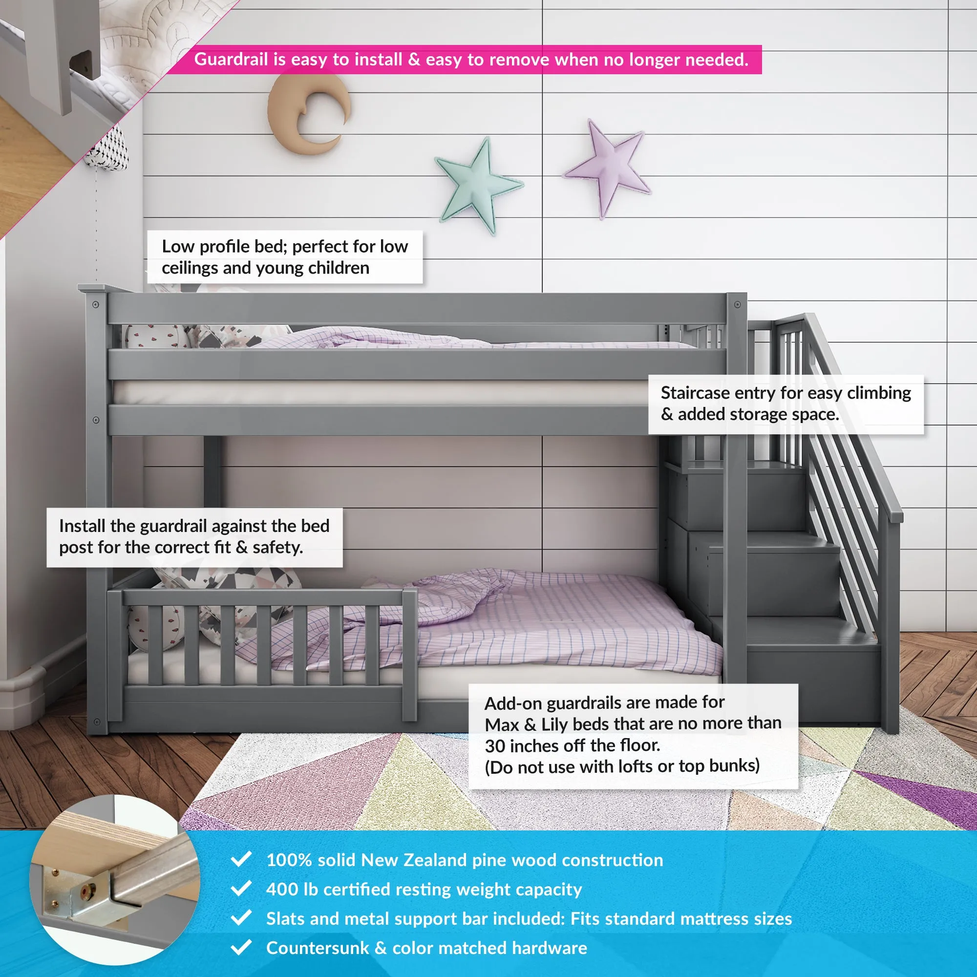 Twin Over Twin Low Bunk Bed With Stairs & Guardrails