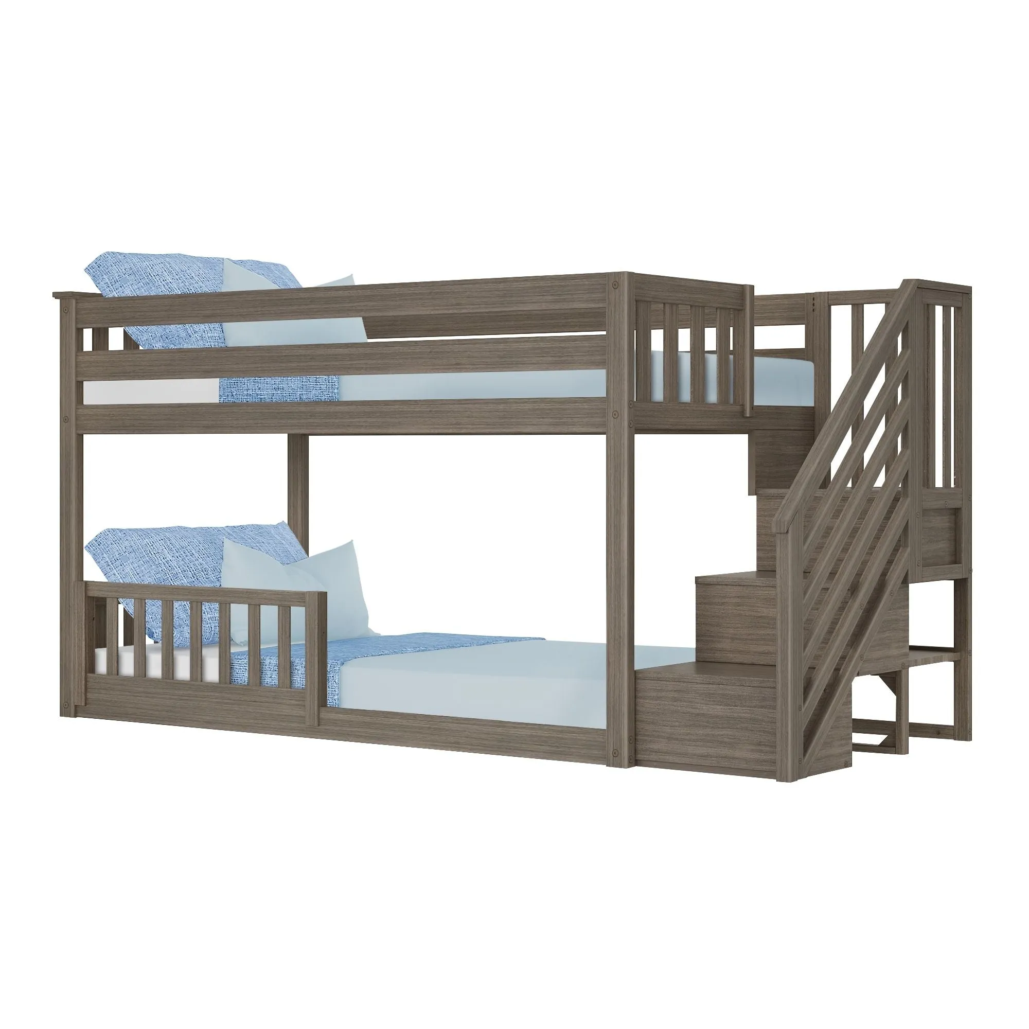 Twin Over Twin Low Bunk Bed With Stairs & Guardrails