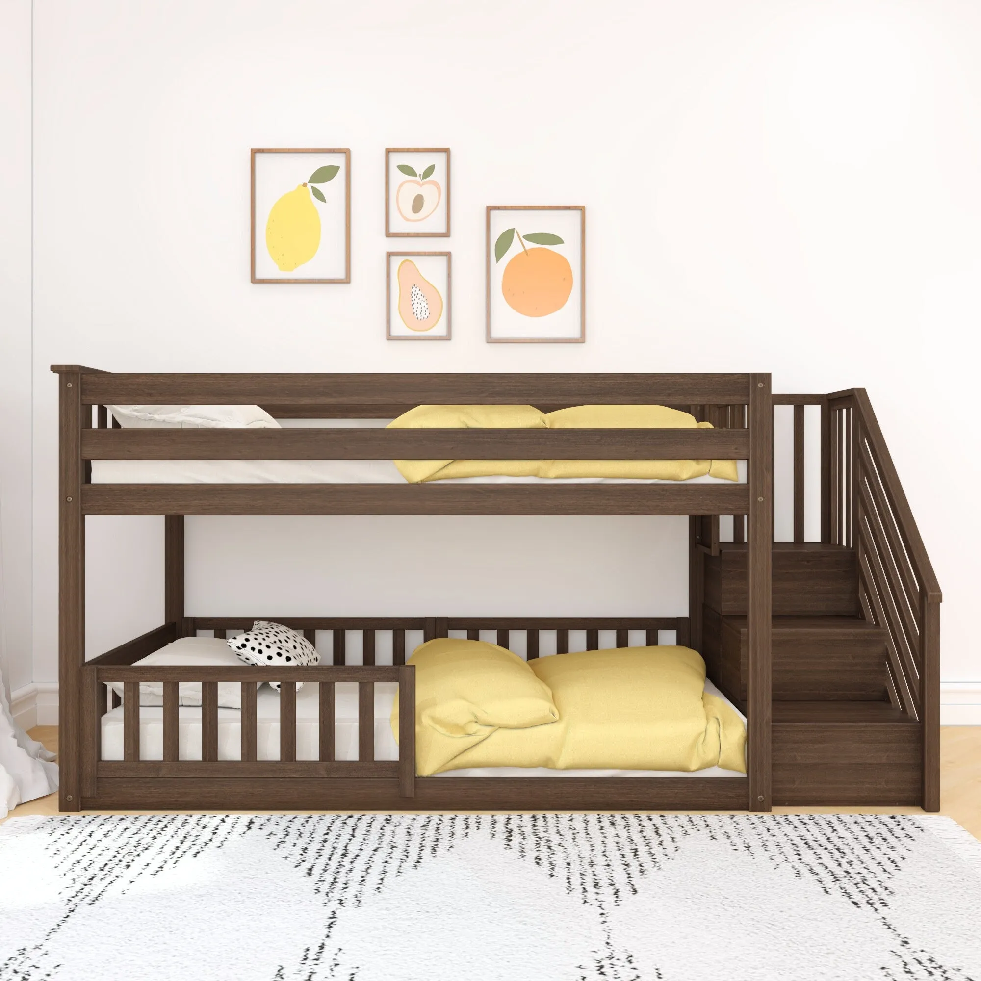 Twin Over Twin Low Bunk Bed With Stairs & Guardrails