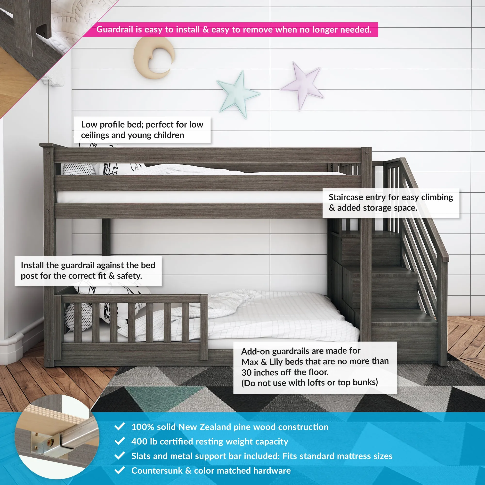 Twin Over Twin Low Bunk Bed With Stairs & Guardrails