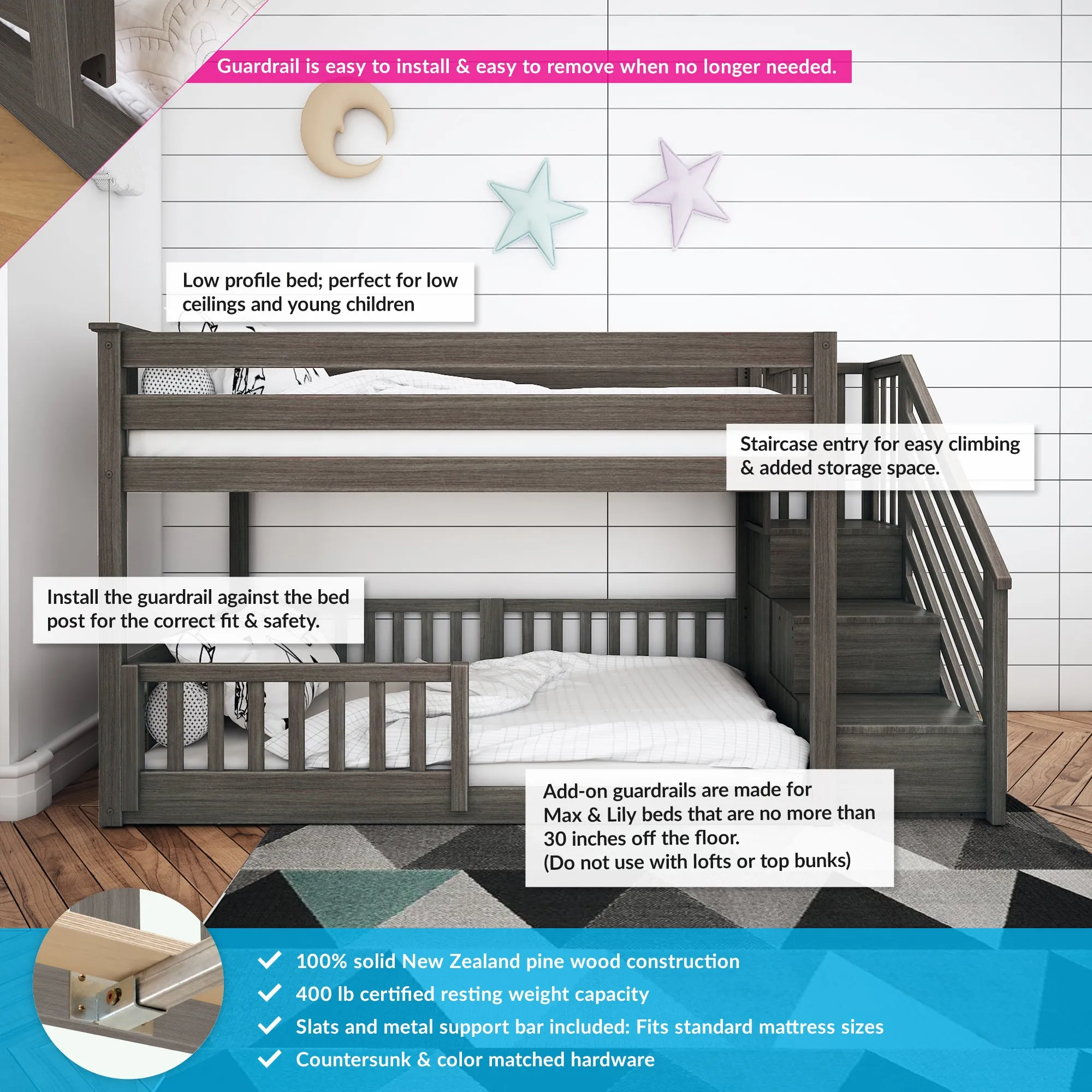 Twin Over Twin Low Bunk Bed With Stairs & Guardrails