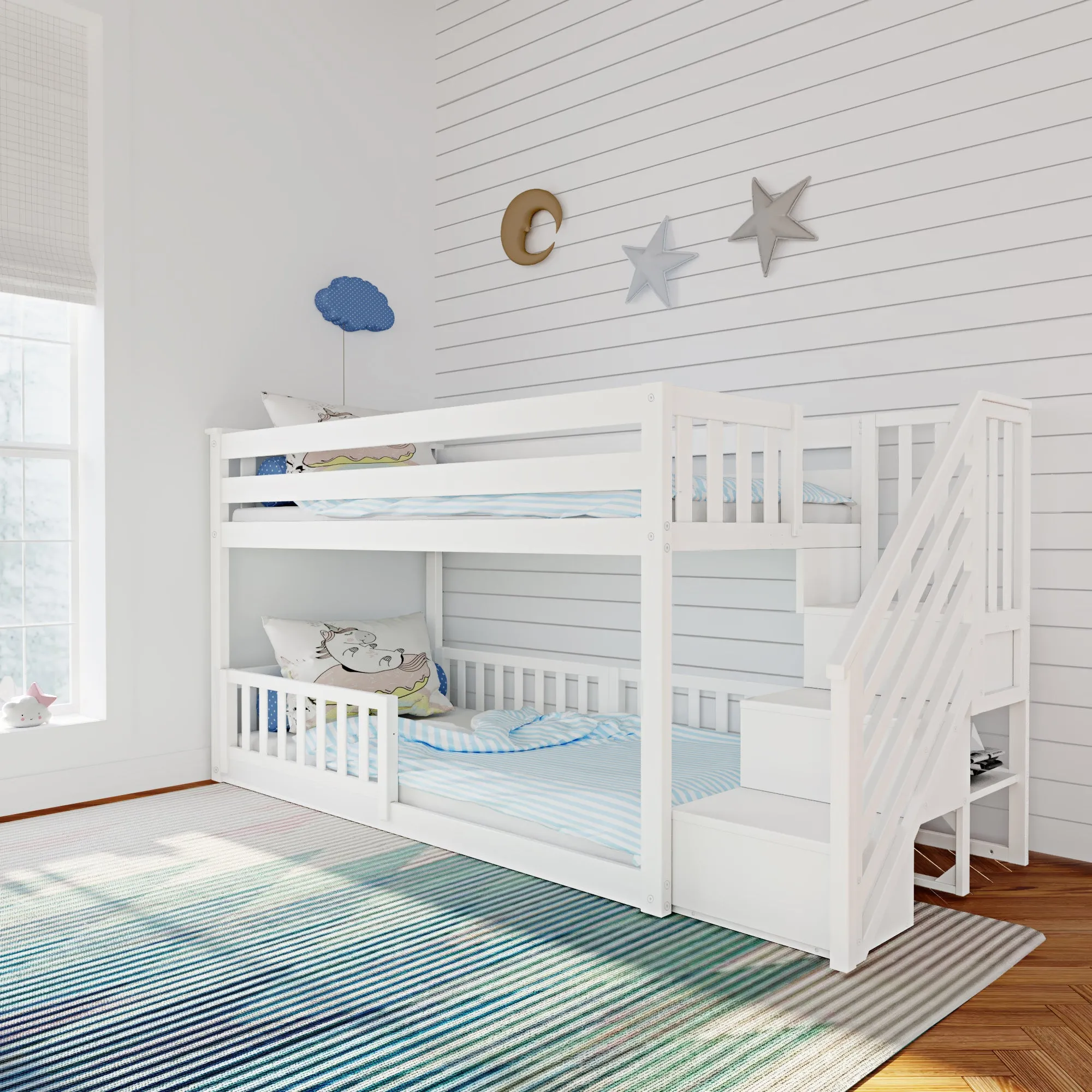 Twin Over Twin Low Bunk Bed With Stairs & Guardrails