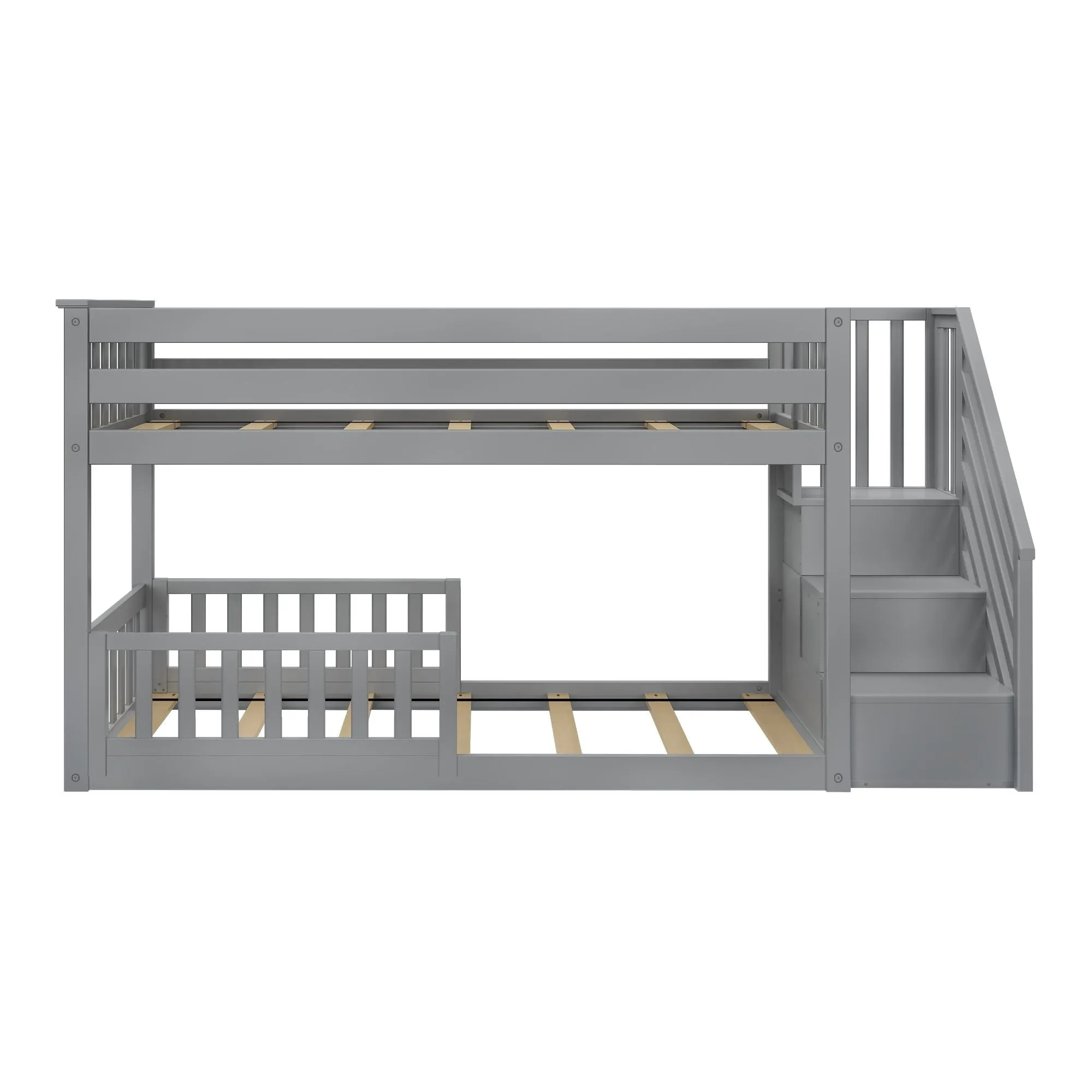 Twin Over Twin Low Bunk Bed With Stairs & Guardrails