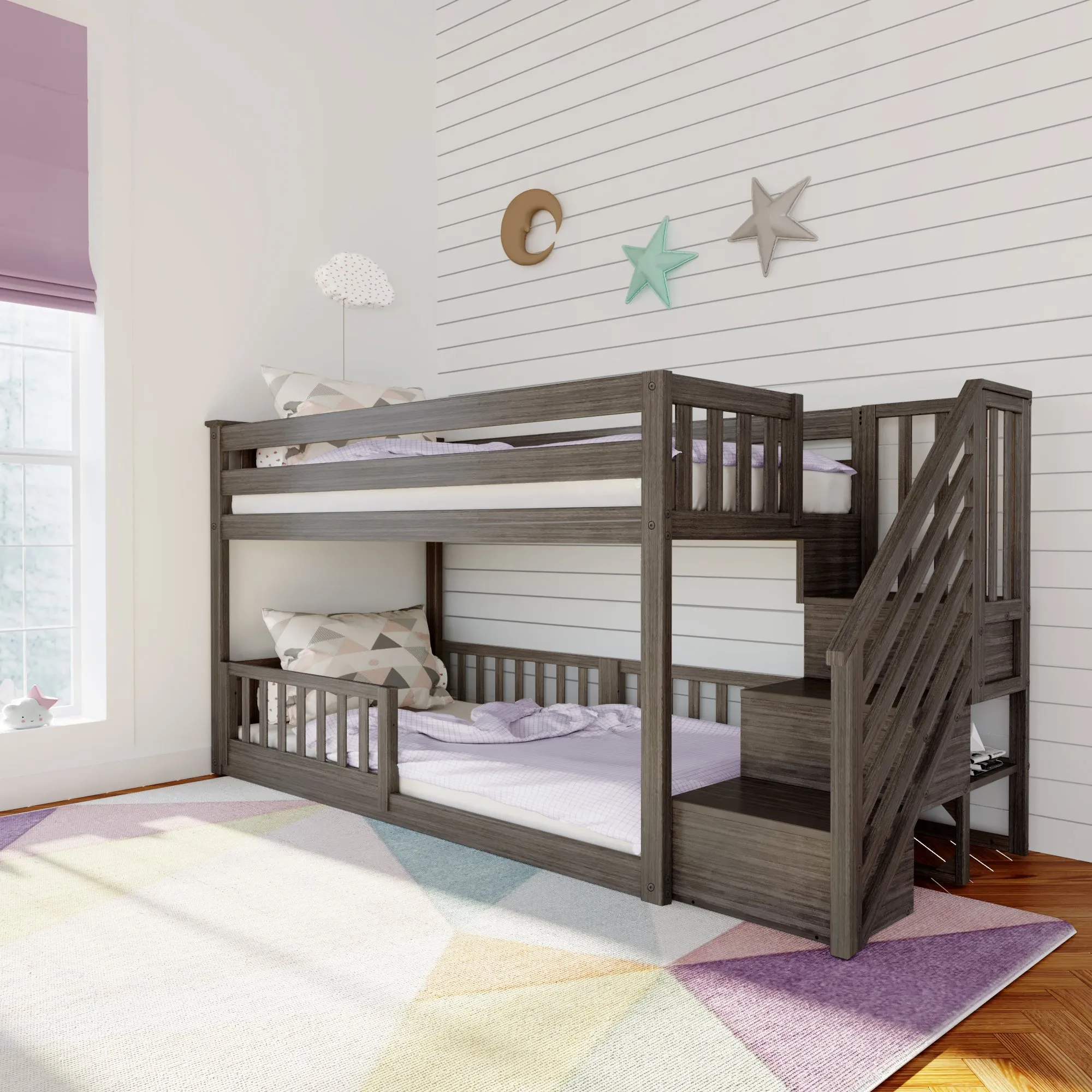 Twin Over Twin Low Bunk Bed With Stairs & Guardrails